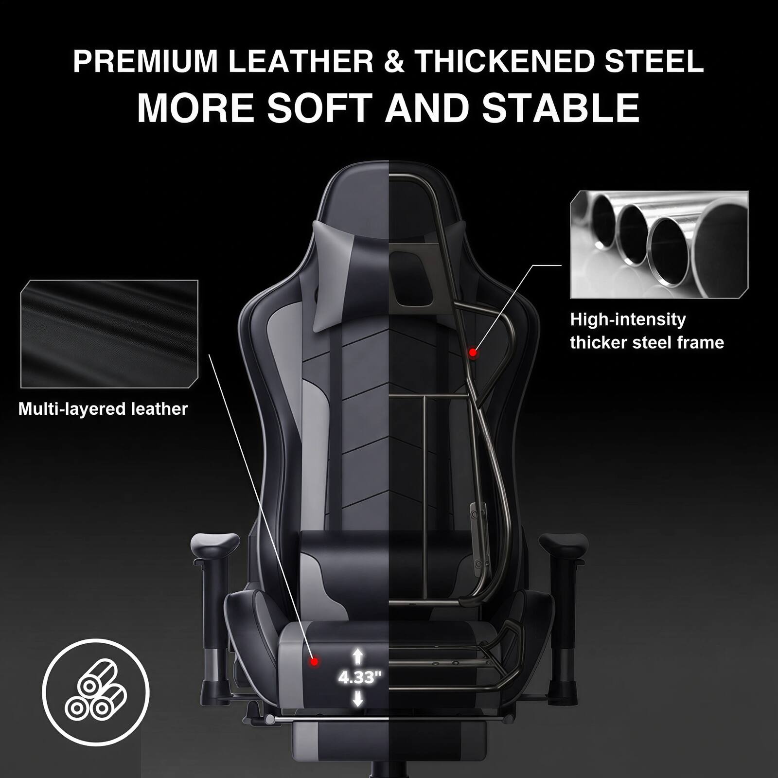 PREMIUM LEATHER & THICKENED STEEL MORE SOFT AND STABLE

High-intensity thicker steel frame

Multi-layered leather

4.33"