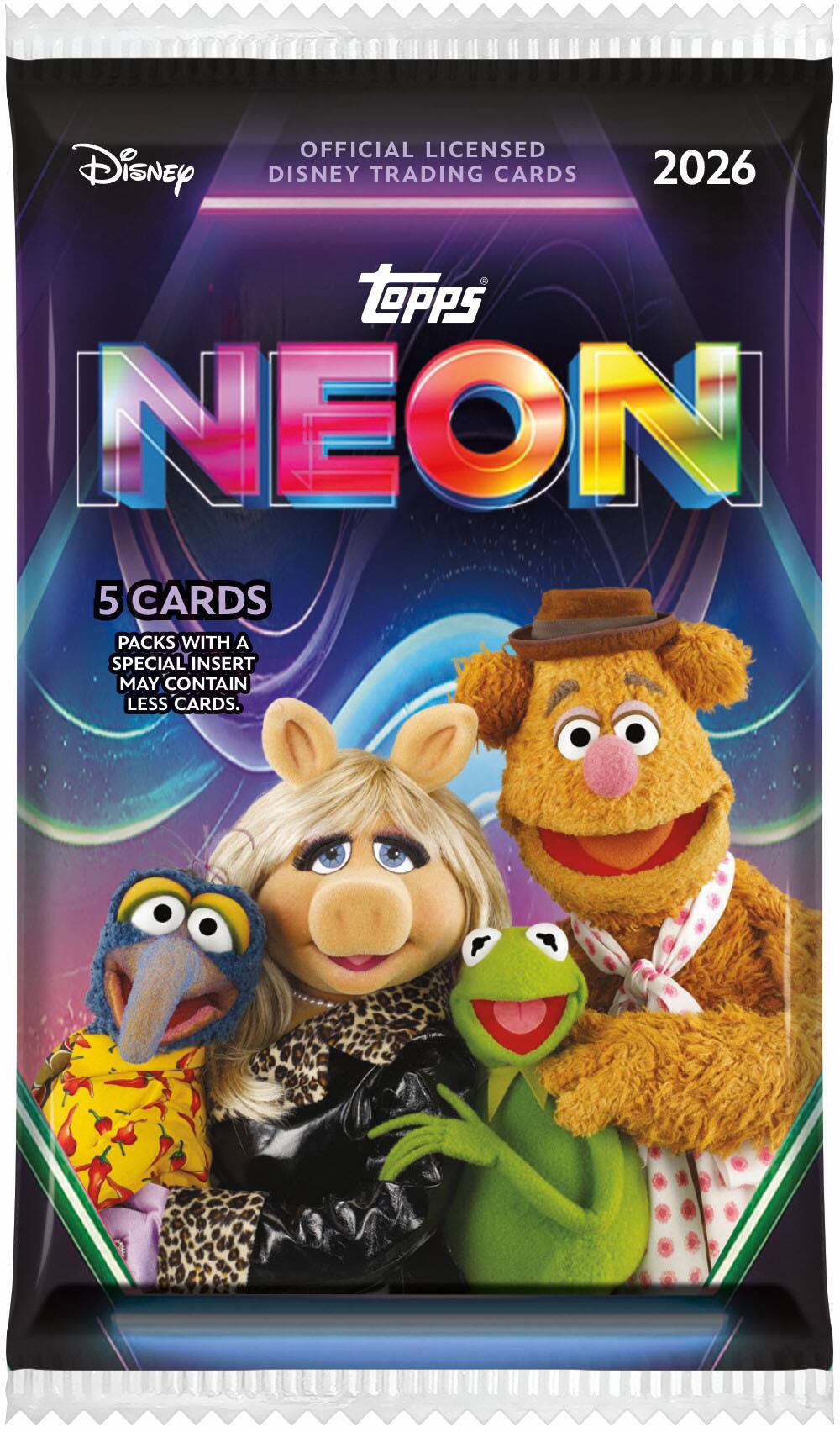 Disney Official Licensed Disney Trading Cards 2026 Topps Neon 5 Cards Packs with a Special Insert May Contain Less Cards.