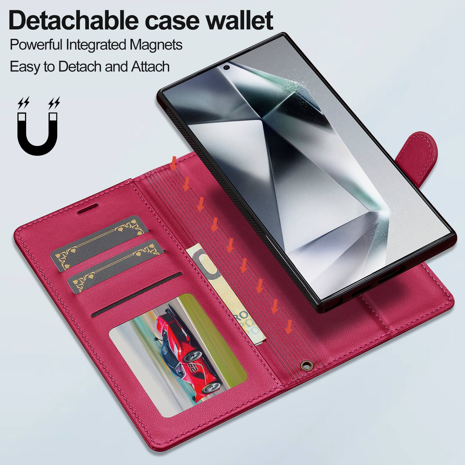 Detachable case wallet  
Powerful Integrated Magnets  
Easy to Detach and Attach