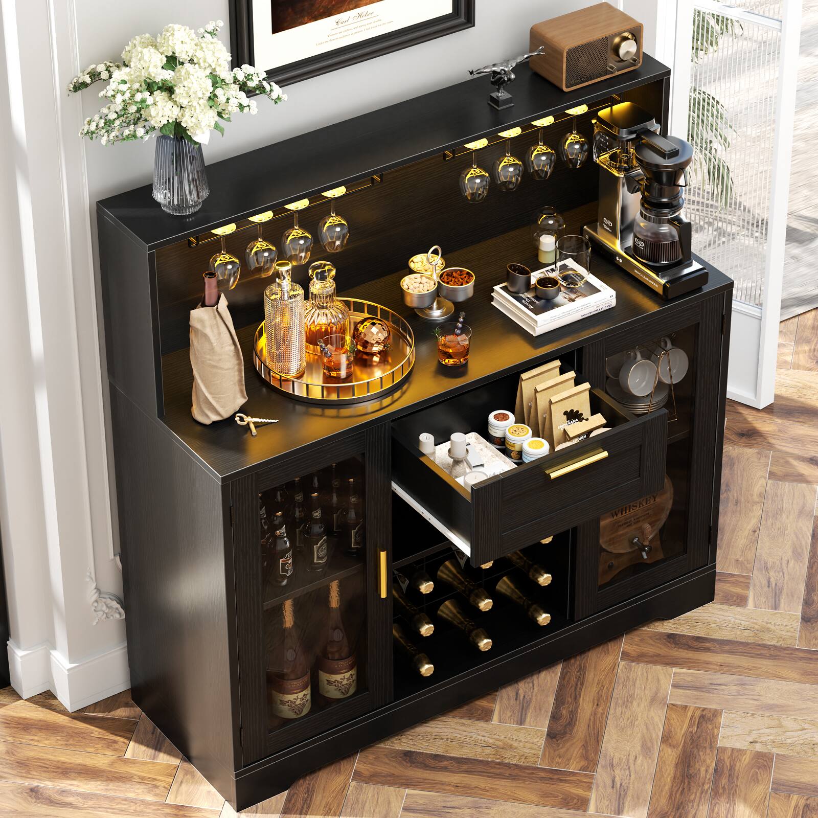 Angle. Aheaplus - Wine Bar Cabinet with LED Lights and Outlets, Liquor Bar Cabinet with Drawer, Grid Wine Rack, and Glass Holder - Black.