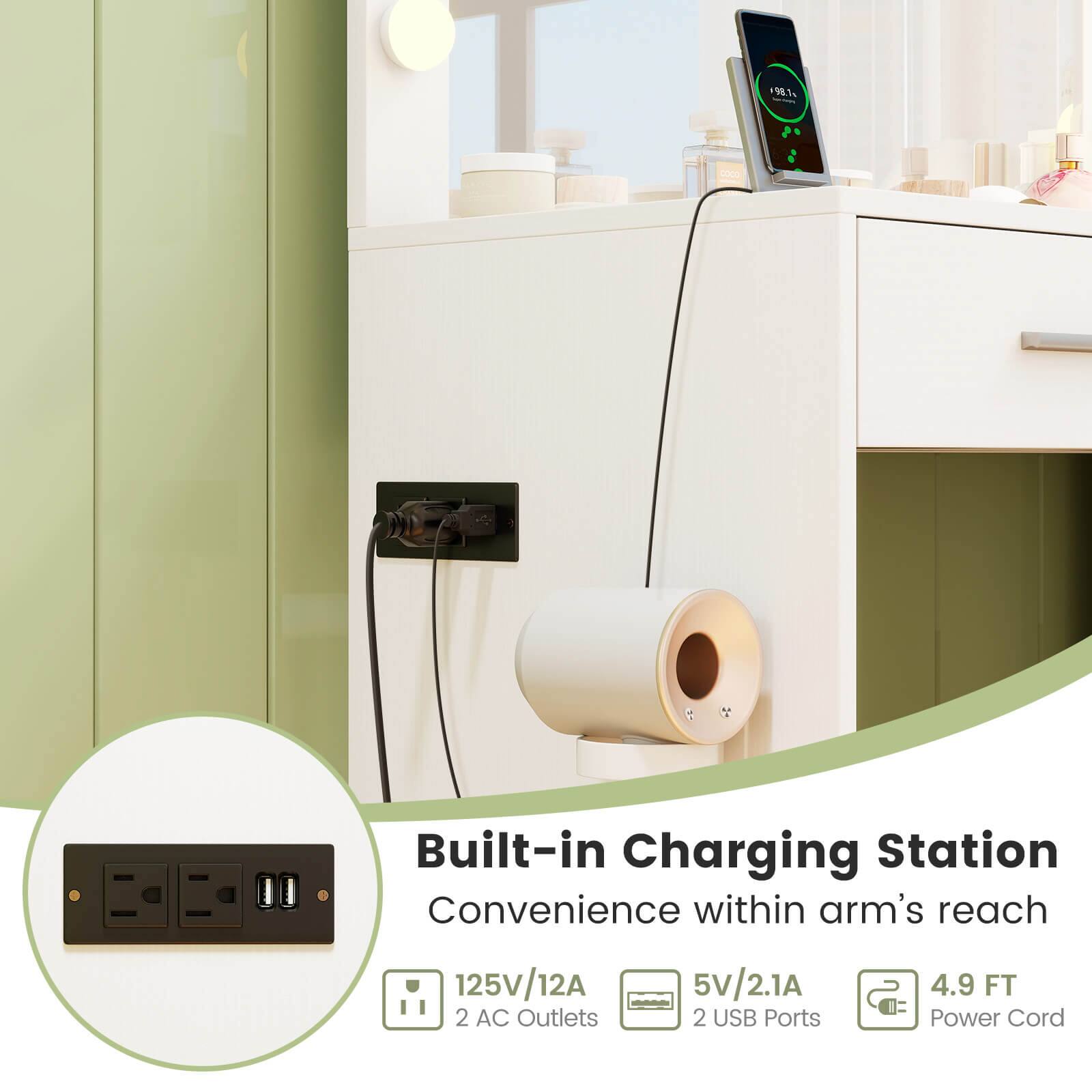 Built-in Charging Station  
Convenience within arm's reach  

125V/12A  
2 AC Outlets  
5V/2.1A  
2 USB Ports  
4.9 FT Power Cord