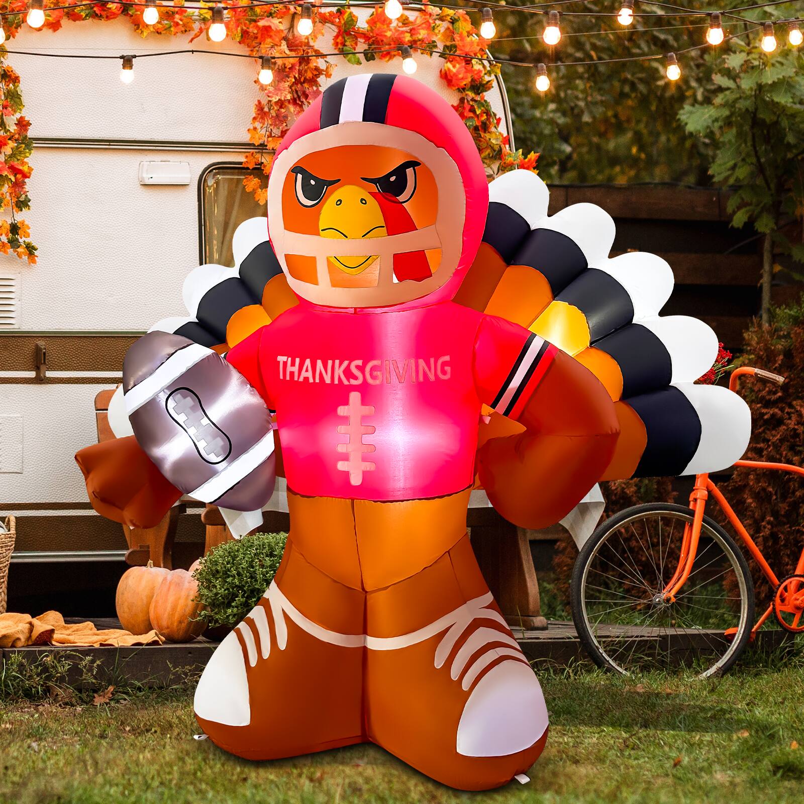 Left. GOOSH Inflatables - GOOSH 6FT Turkey Football Inflatable with LED Lights, Thanksgiving Outdoor Décor - Brown.