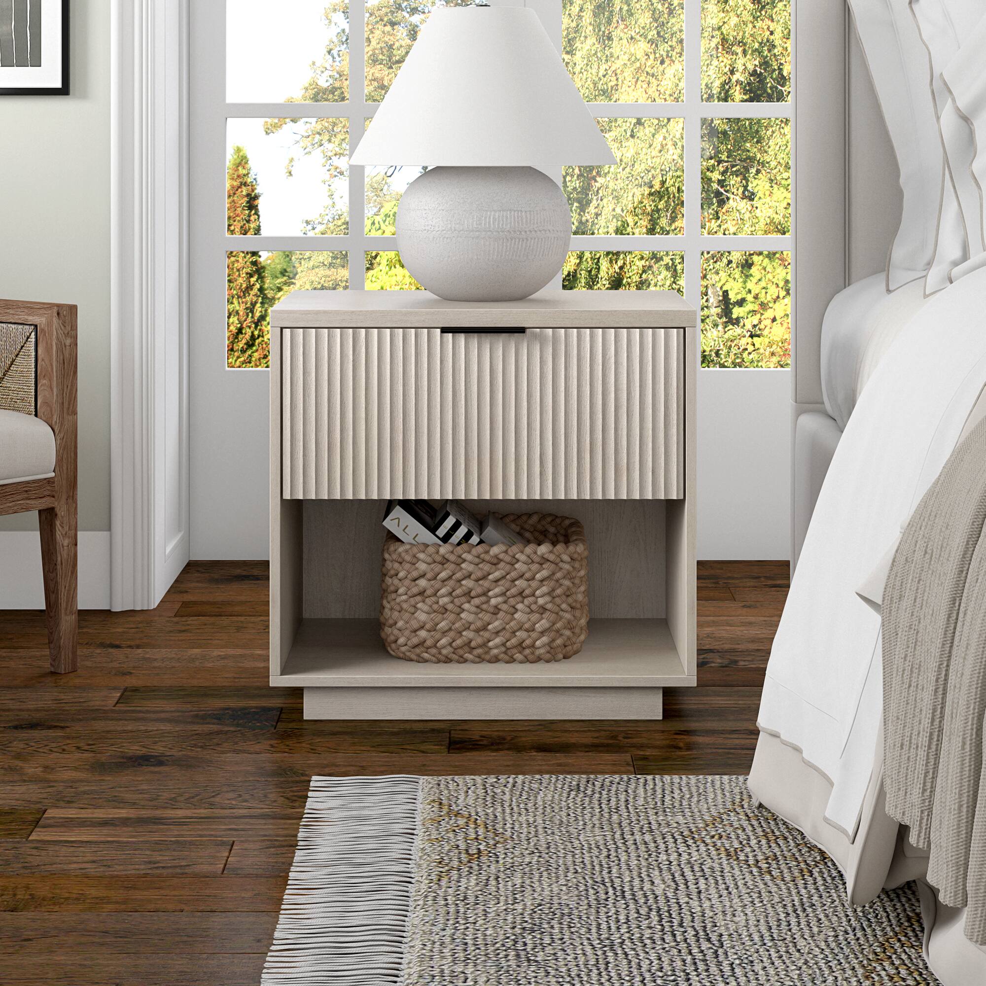Alt View 3. Hudson&Canal - Karten 24" Wide Rectangular Fluted Nightstand in Alder White - White.
