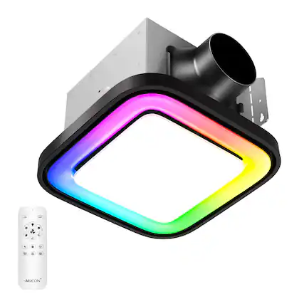 Front. Akicon - RGB3 Decorative Black 110 CFM 1.5 Sone Ceiling Bathroom Exhaust Fan with Dimmable and RGB Light, Remote, Square - Black.