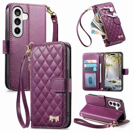 Front. Dteck - Zipper Wallet Case for Samsung Galaxy S26,PU Leather Flip Cover with Wrist Strap,Magnetic Snap Shockproof Case - Purple.
