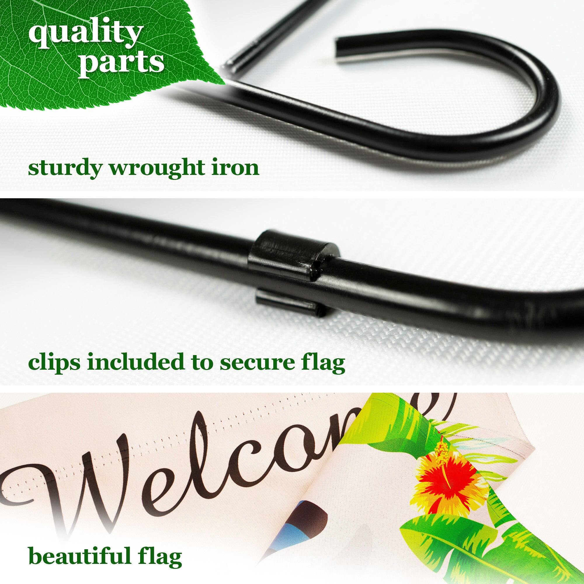 quality parts  
sturdy wrought iron  
clips included to secure flag  
beautiful flag