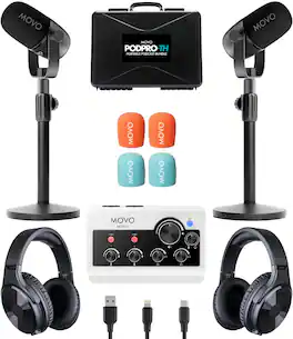 MOVO - Portable Podcast Equipment Bundle for iPhone/Android Phones- Podcast Kit with Audio Interface, 2 CastMic Dynamic