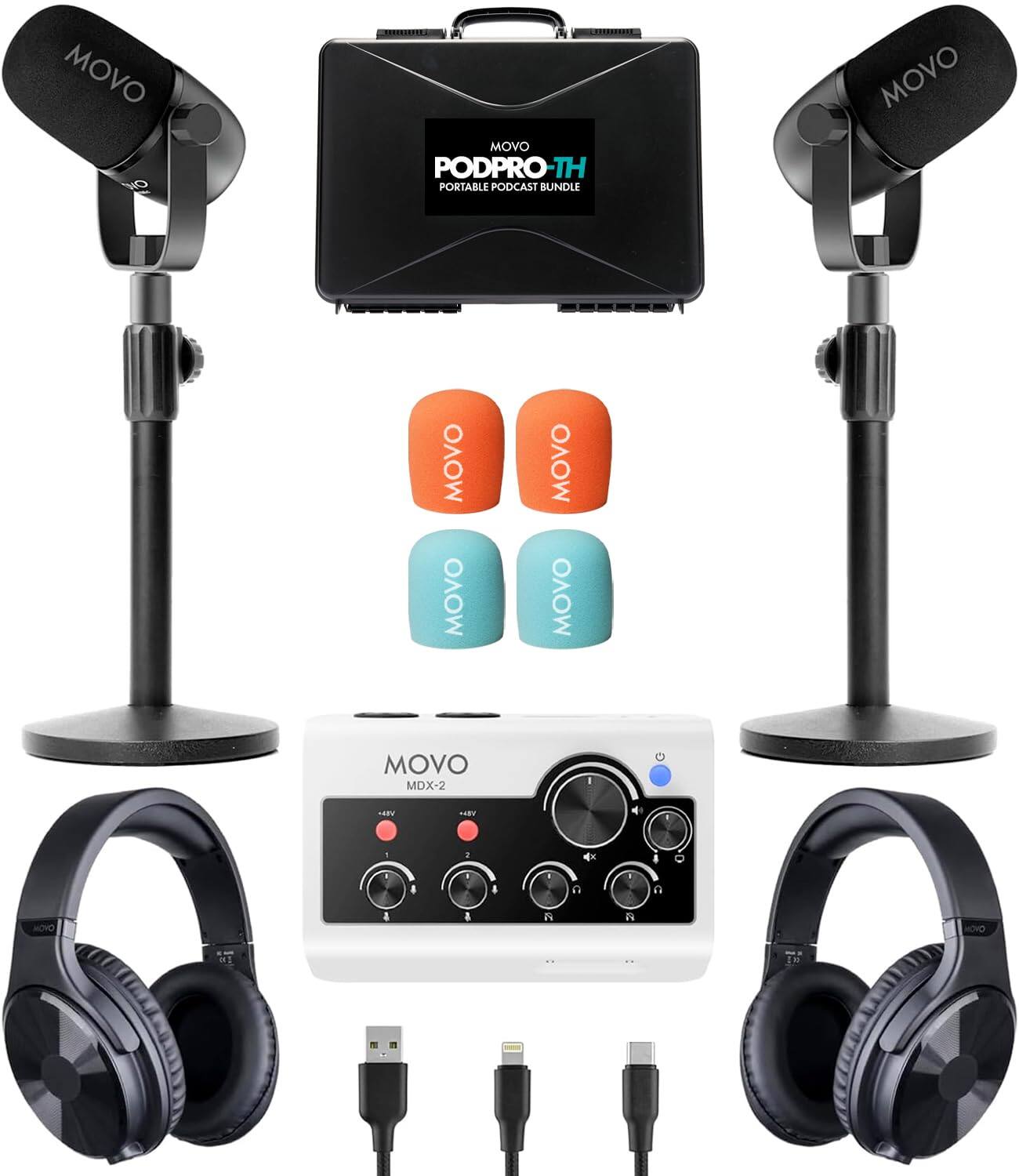 MOVO - Portable Podcast Equipment Bundle for iPhone/Android Phones- Podcast Kit with Audio Interface, 2 CastMic Dynamic