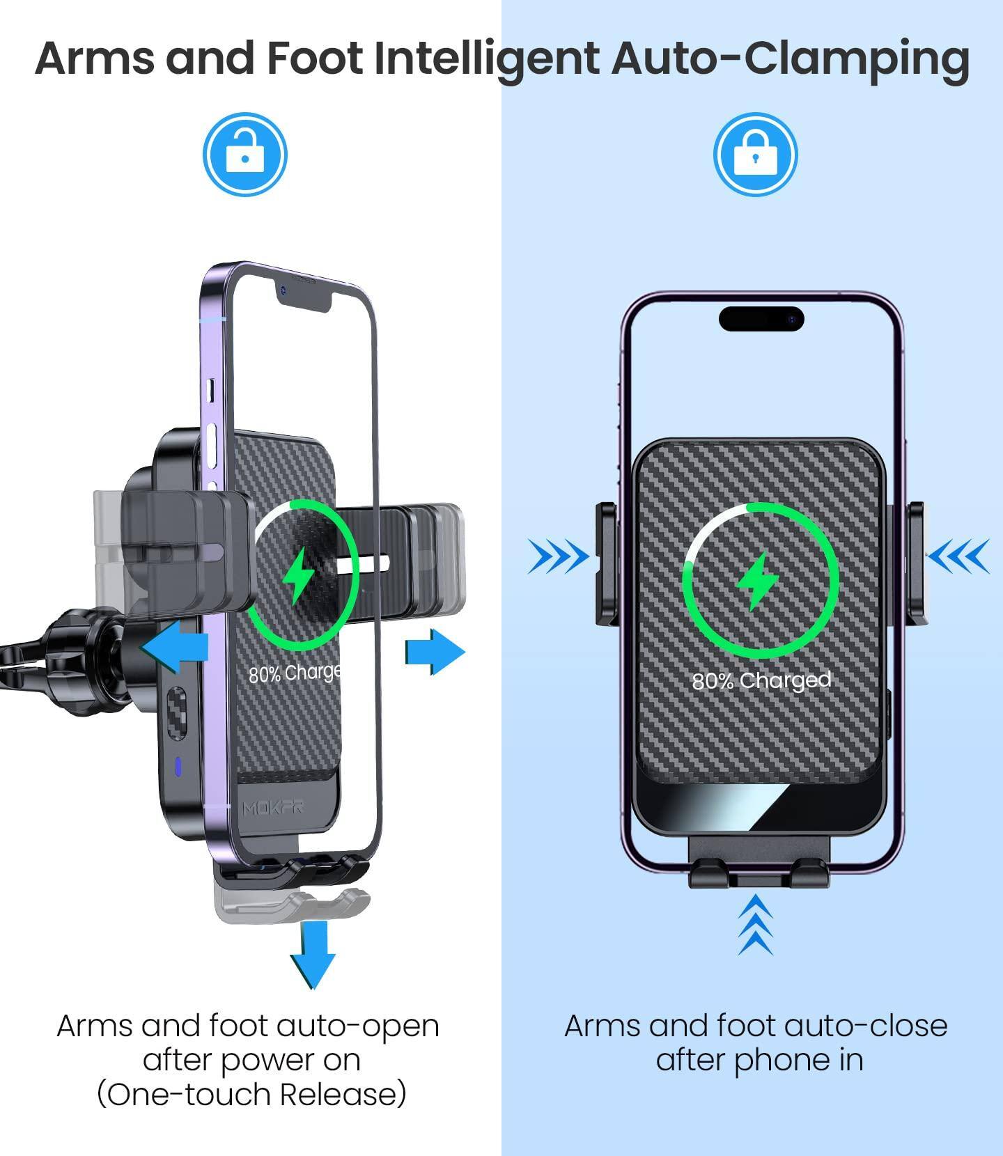 Arms and Foot Intelligent Auto-Clamping

Arms and foot auto-open after power on (One-touch Release)

Arms and foot auto-close after phone in