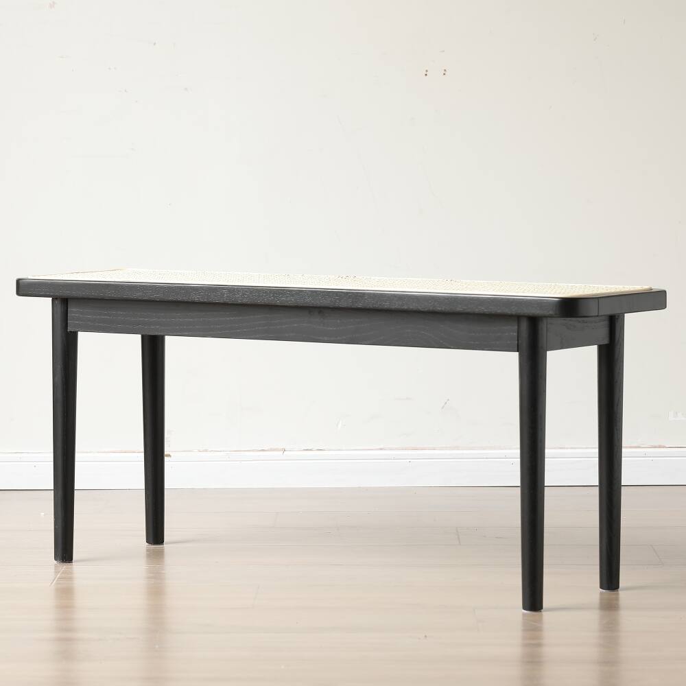 Angle. Ropilly - Ropilly Modern Black Rattan Bench Solid Oak Wood Dining Entryway Seating End of Bed Bedroom Furniture - Black.
