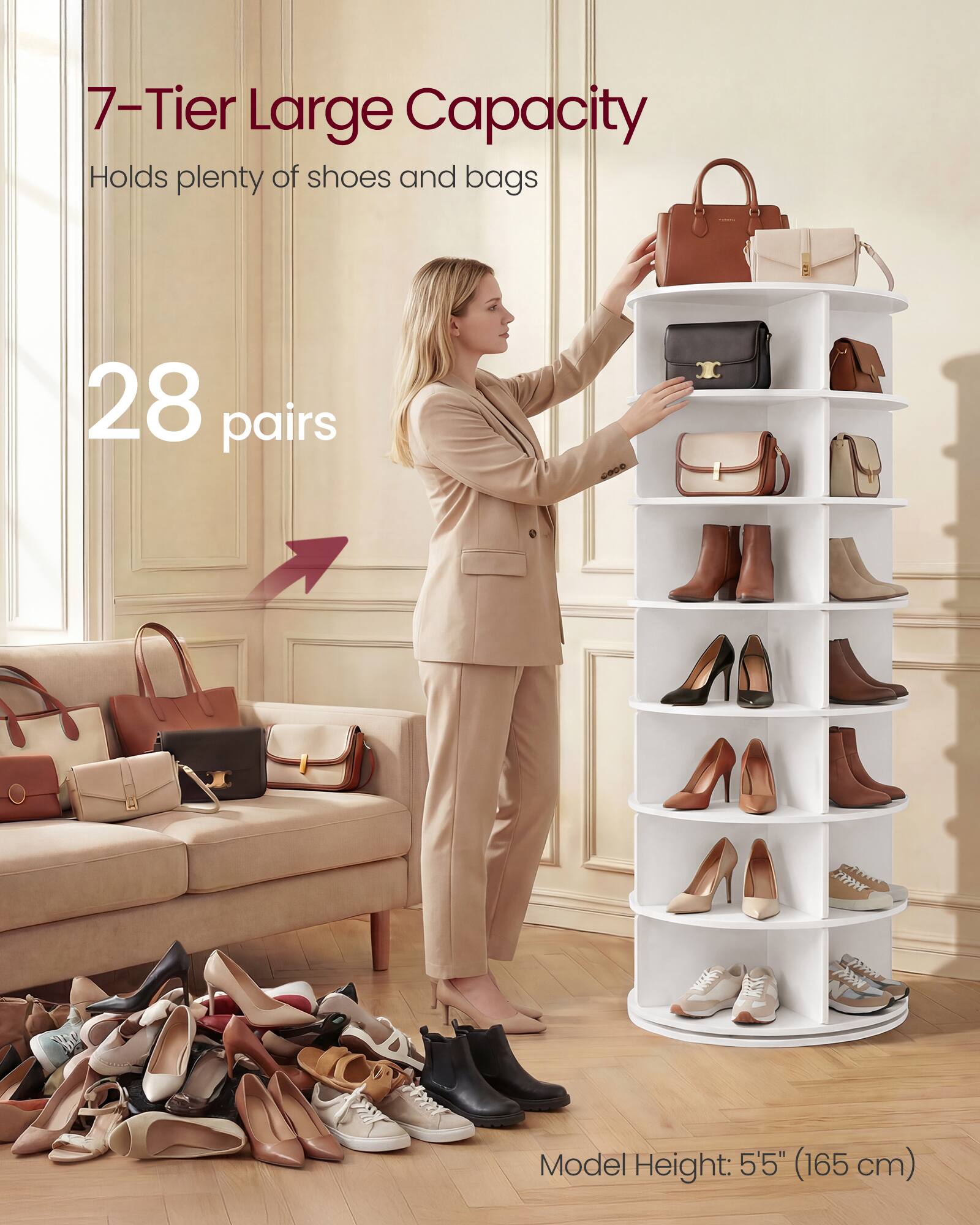 7-Tier Large Capacity  
Holds plenty of shoes and bags  
28 pairs  

Model Height: 5'5" (165 cm)