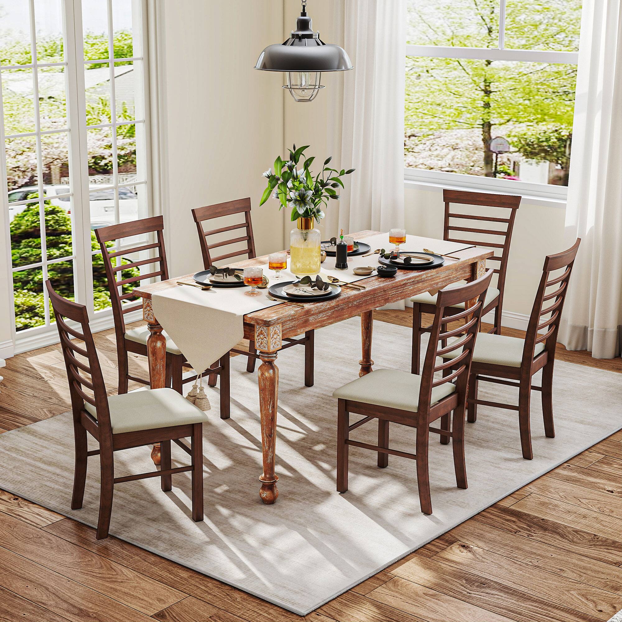 Alt View 8. Homcom - Wooden Dining Chairs Set of 4, Farmhouse Upholstered, Rubber Wood Frame, Dark Brown & Beige - Dark Brown.