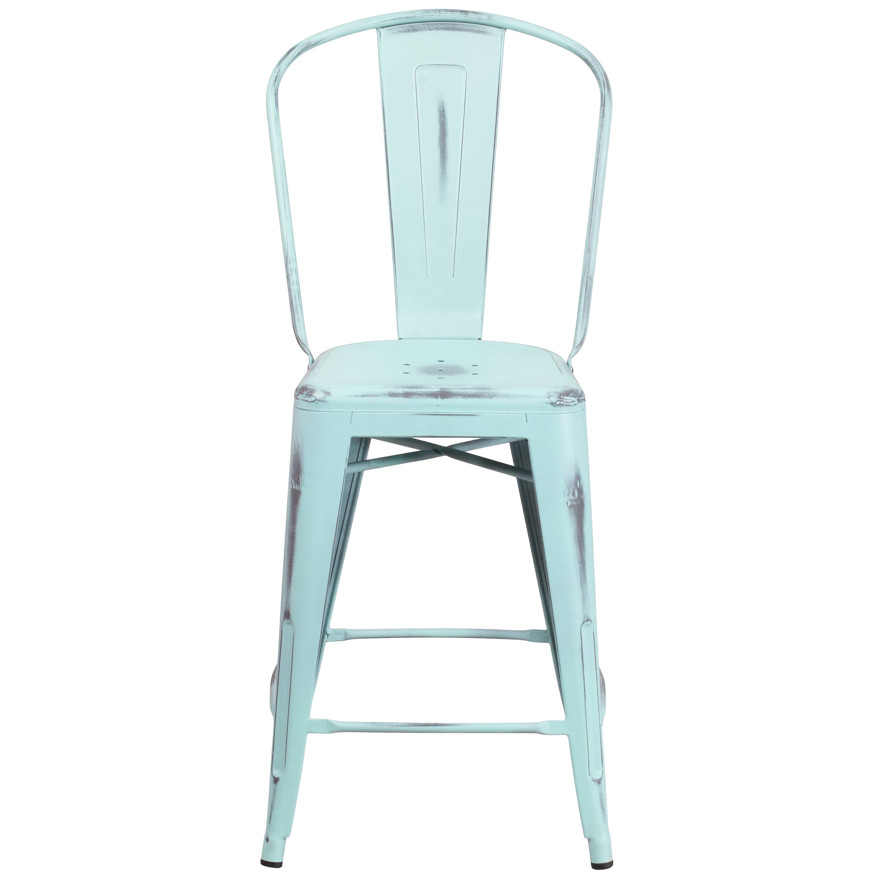 Alt View 7. Emma + Oliver - Commercial Grade 24"H Distressed Metal Indoor-Outdoor Counter Stool with Back - Green-Blue.