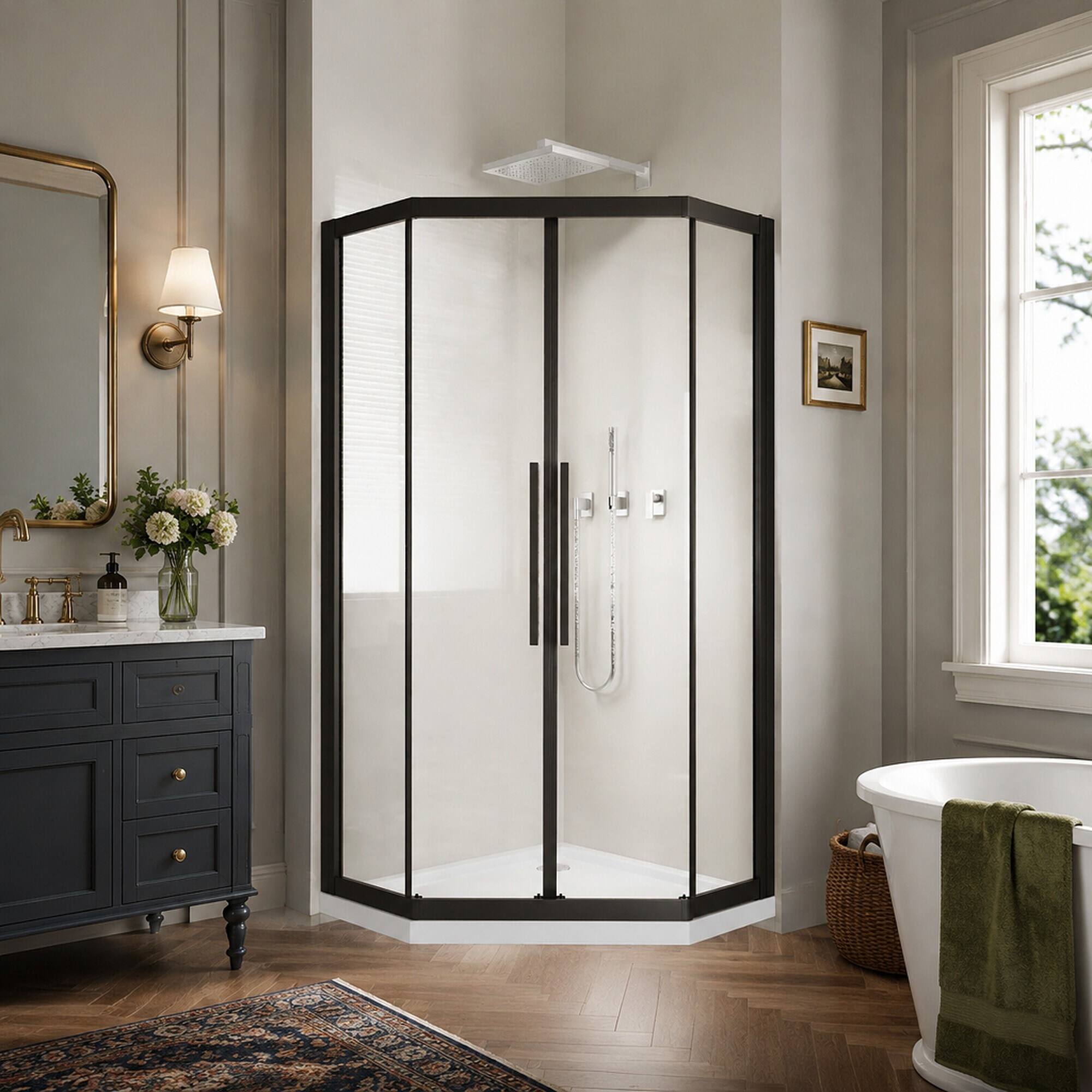 Back. RYHNUYNE - 36 In X 72 In Neo-Angle Sliding Shower Enclosure, 1/4 In Clear Tempered Glass With Stainless Steel Handles Black Finish - Matt Black.