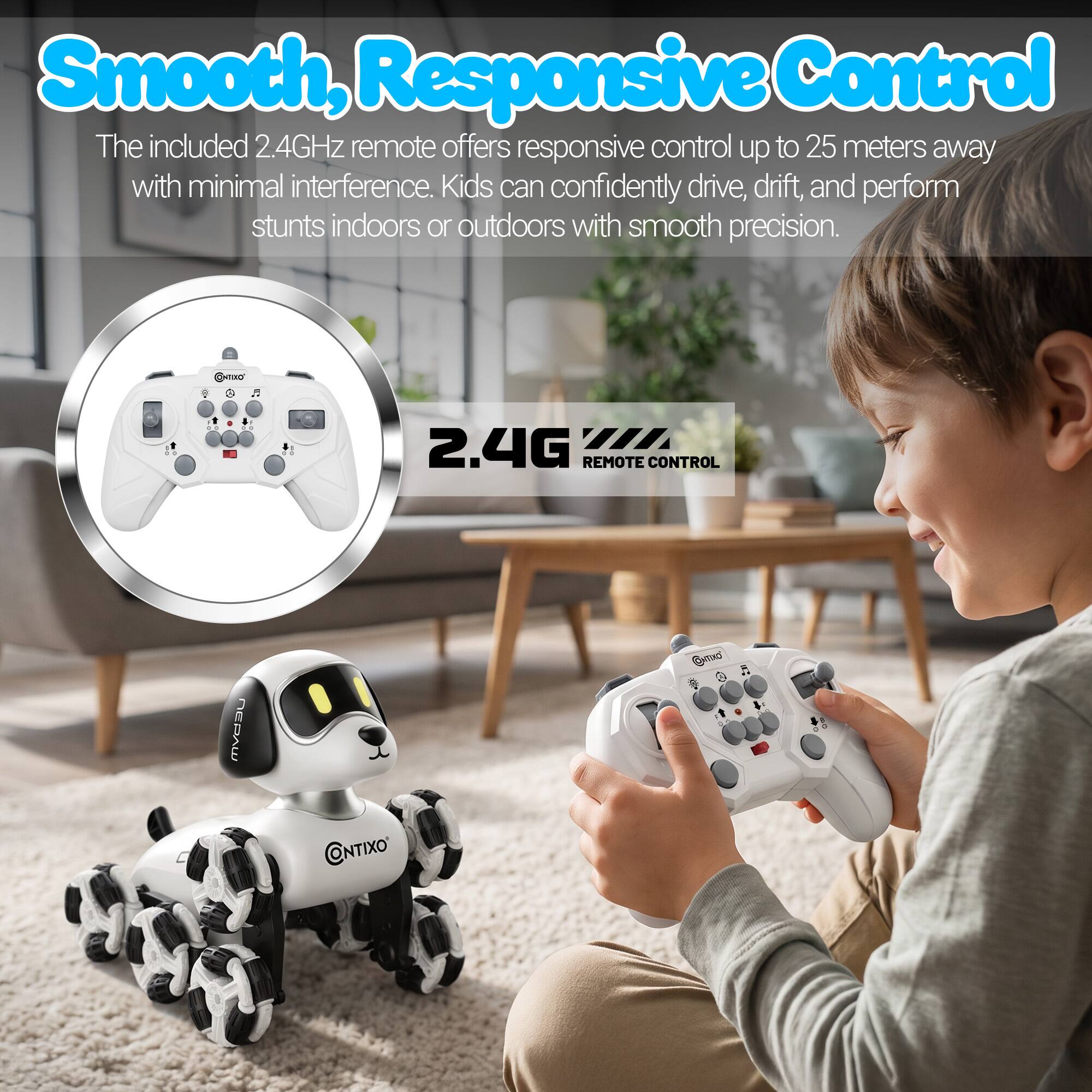 Smooth, Responsive Control

The included 2.4GHz remote offers responsive control up to 25 meters away with minimal interference. Kids can confidently drive, drift, and perform stunts indoors or outdoors with smooth precision.

2.4G REMOTE CONTROL