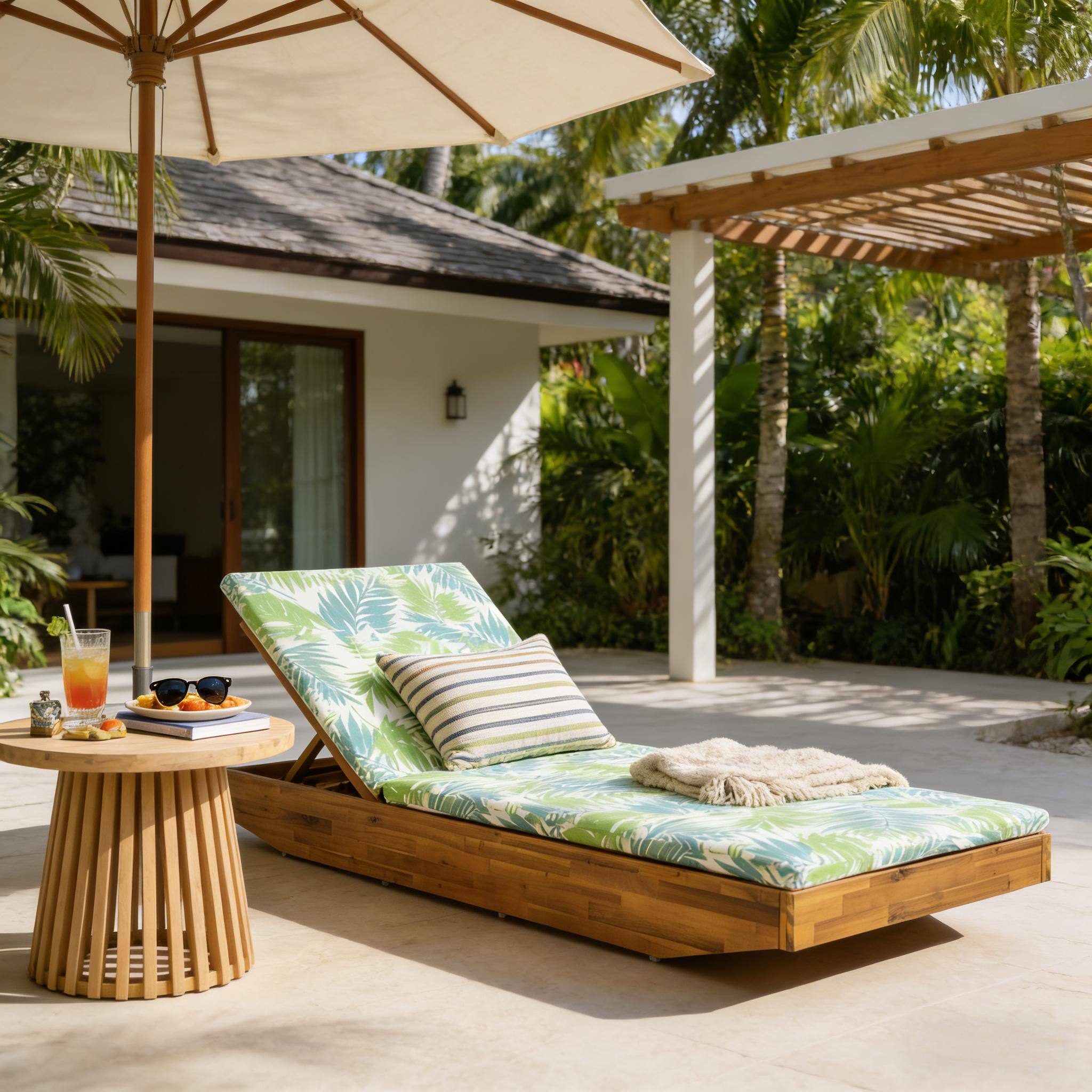Angle. Anysun - Acacia Wood Chaise Lounge with Teak Finish, Outdoor Recliner with 2-Fold Water-Repellent Cushion - Green Leaf.