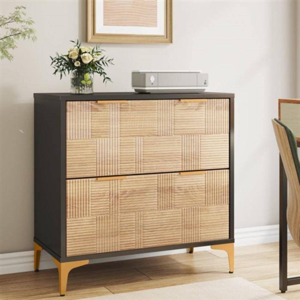 Left. Hivvago - Retro Natural/Black with Gold Handles/Legs 2 Drawer Filing Cabinet Printer Stand - Natural, Black.