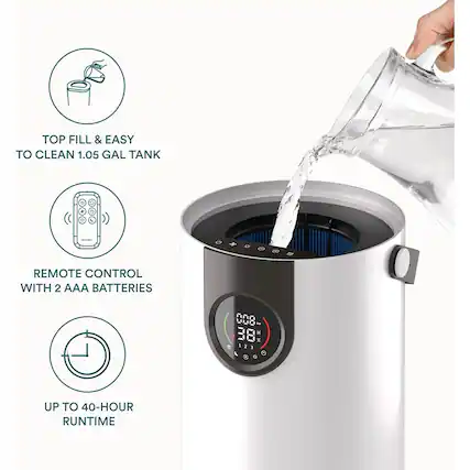 - TOP FILL & EASY TO CLEAN 1.05 GAL TANK
- REMOTE CONTROL WITH 2 AAA BATTERIES
- UP TO 40-HOUR RUNTIME