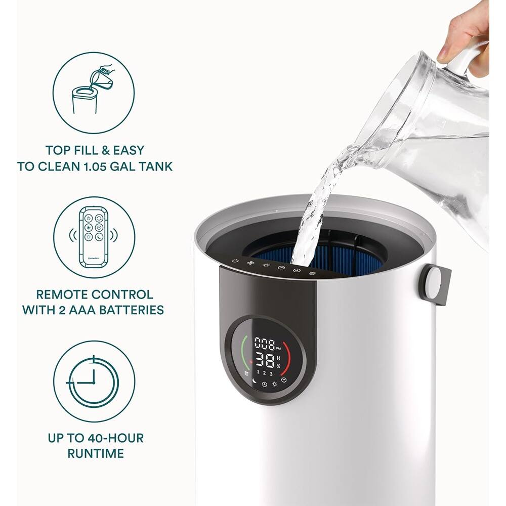 - TOP FILL & EASY TO CLEAN 1.05 GAL TANK
- REMOTE CONTROL WITH 2 AAA BATTERIES
- UP TO 40-HOUR RUNTIME
