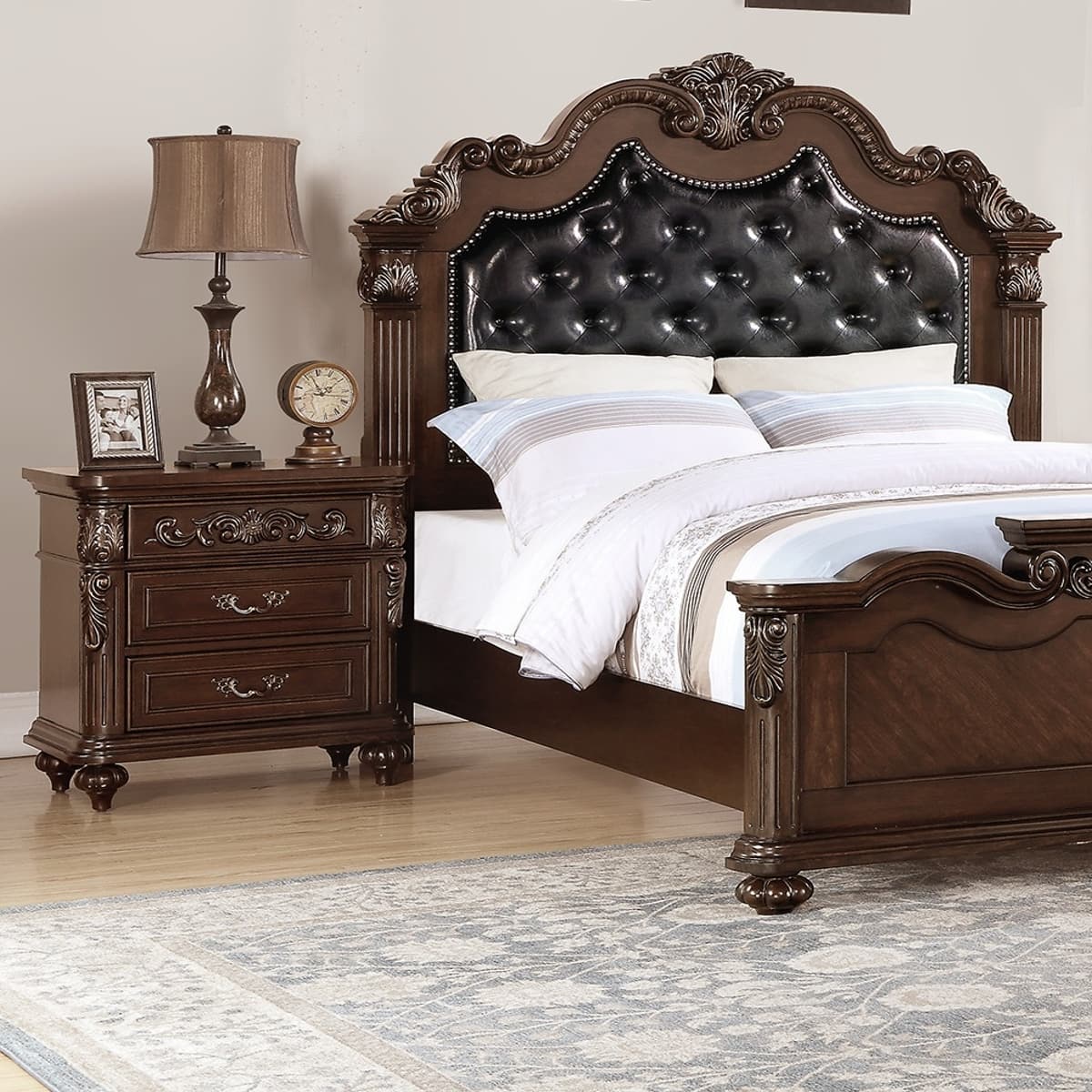 Loheer - Traditional Walnut Nightstand, Two Drawer Bedside Table, Antique Finish - Walnut Brown
