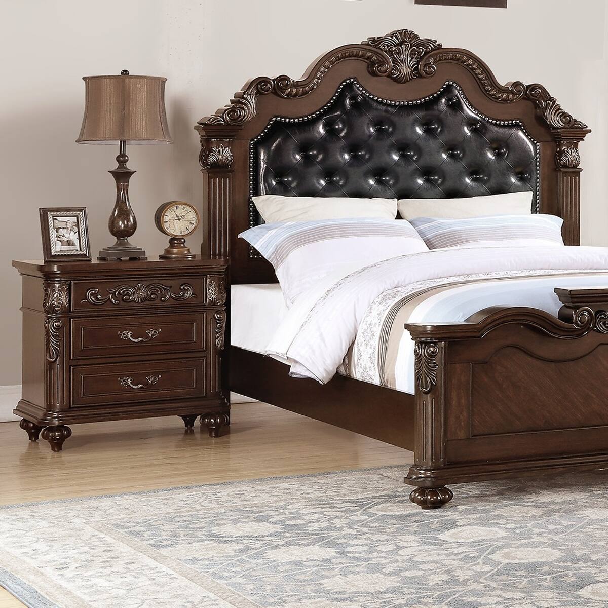 Front. Loheer - Loheer Traditional Walnut Nightstand, Two Drawer Bedside Table, Antique Finish - Walnut Brown.