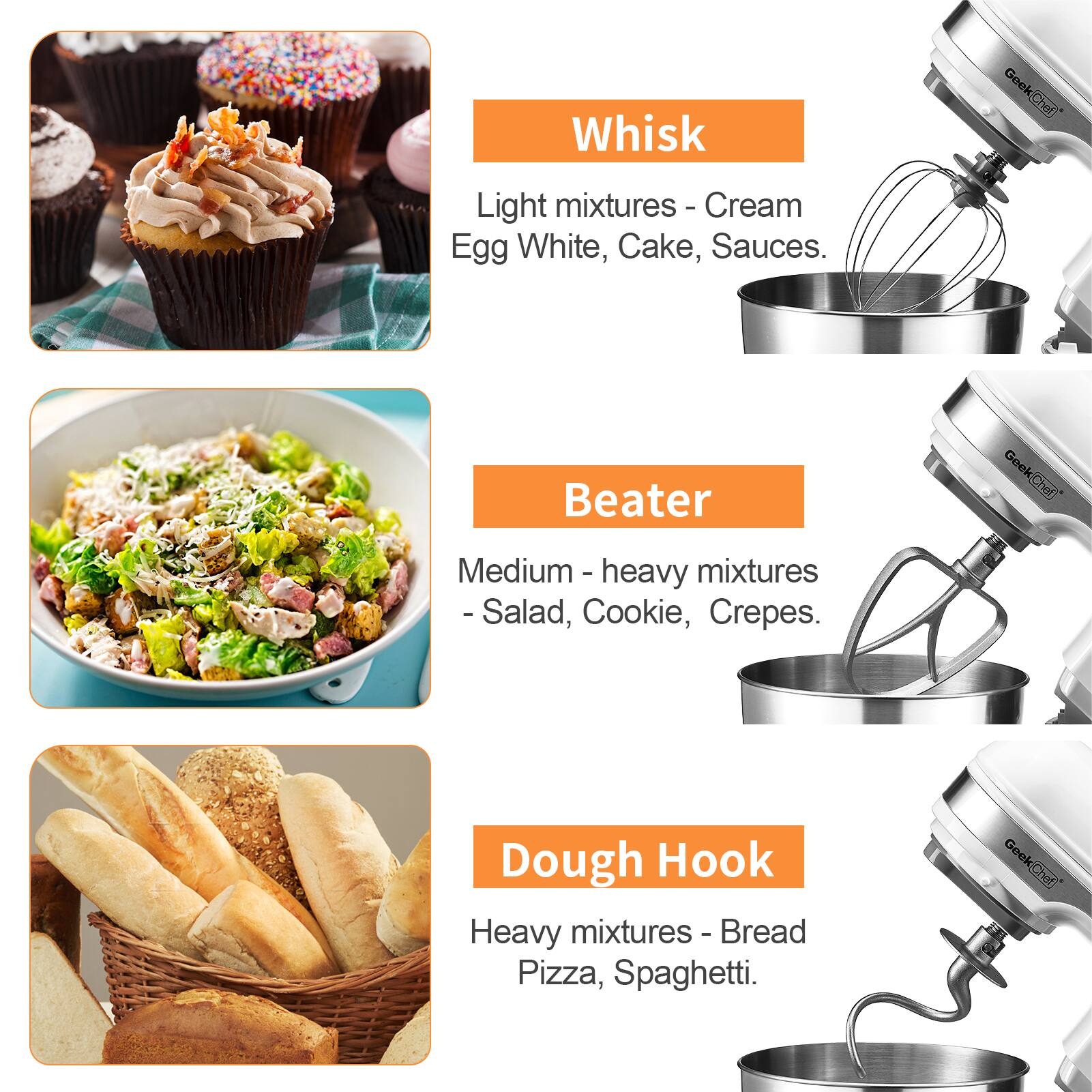 Whisk  
Light mixtures - Cream, Egg White, Cake, Sauces.

Beater  
Medium - heavy mixtures - Salad, Cookie, Crepes.

Dough Hook  
Heavy mixtures - Bread, Pizza, Spaghetti.