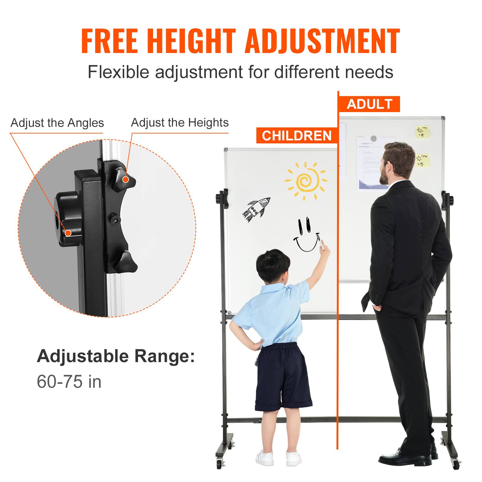 FREE HEIGHT ADJUSTMENT, Flexible adjustment for different needs, Adjust the Angles, Adjust the Heights, ADULT, CHILDREN, 1 Adjustable Range: 60-75 in