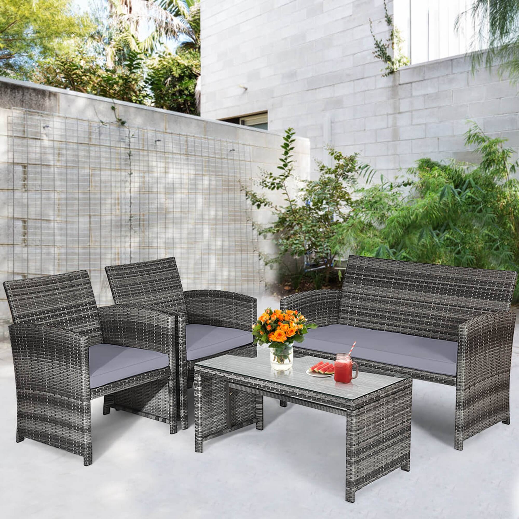 Alt View 3. Costway - 4 PCS Patio Cushioned Rattan Sofa with Glass Top Table - Gray.