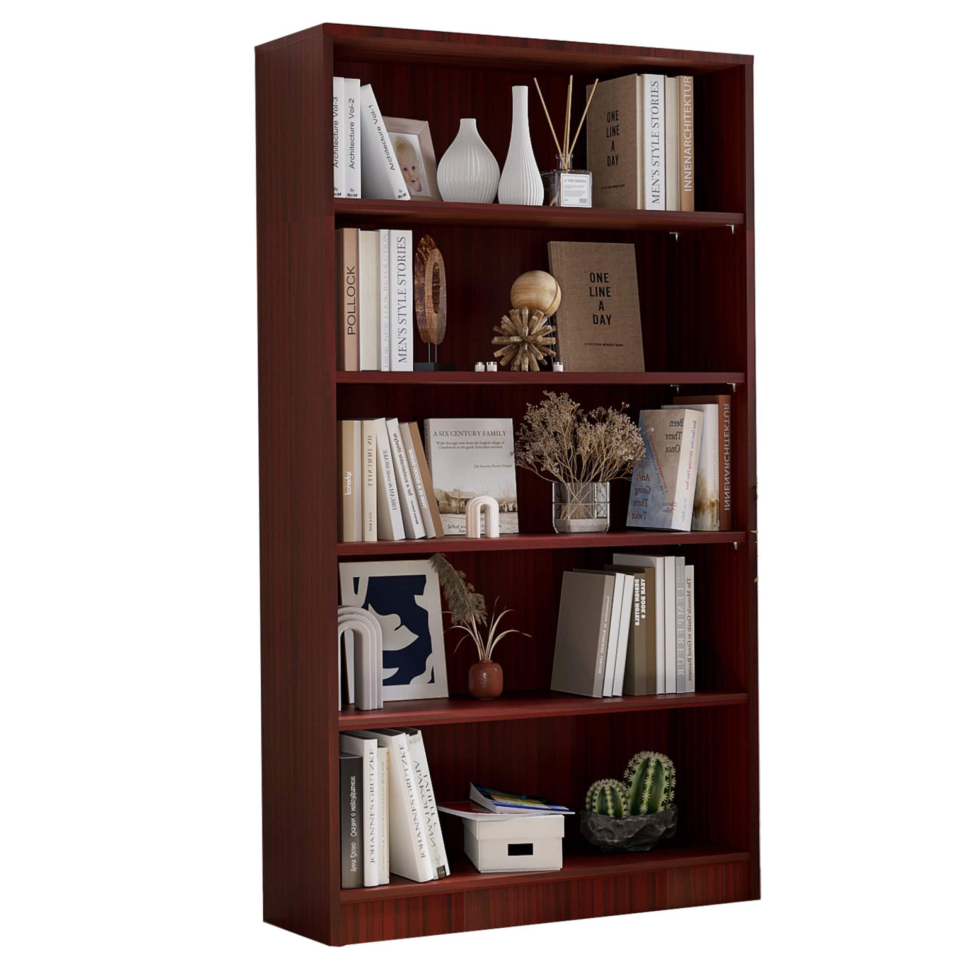 GOODSILO - Modern Five-Tier Wooden Bookshelf for Home and Office with Adjustable Shelves and Tip-Resistant Design - Mahogany