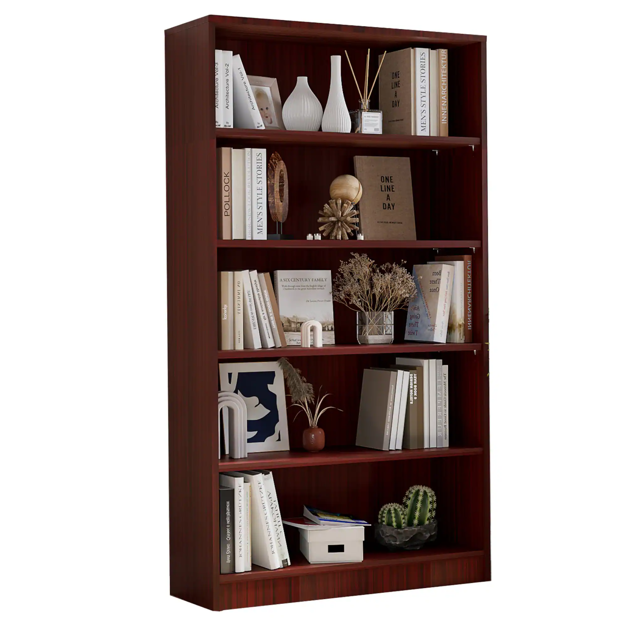 GOODSILO - Modern Five-Tier Wooden Bookshelf for Home and Office with Adjustable Shelves and Tip-Resistant Design - Mahogany