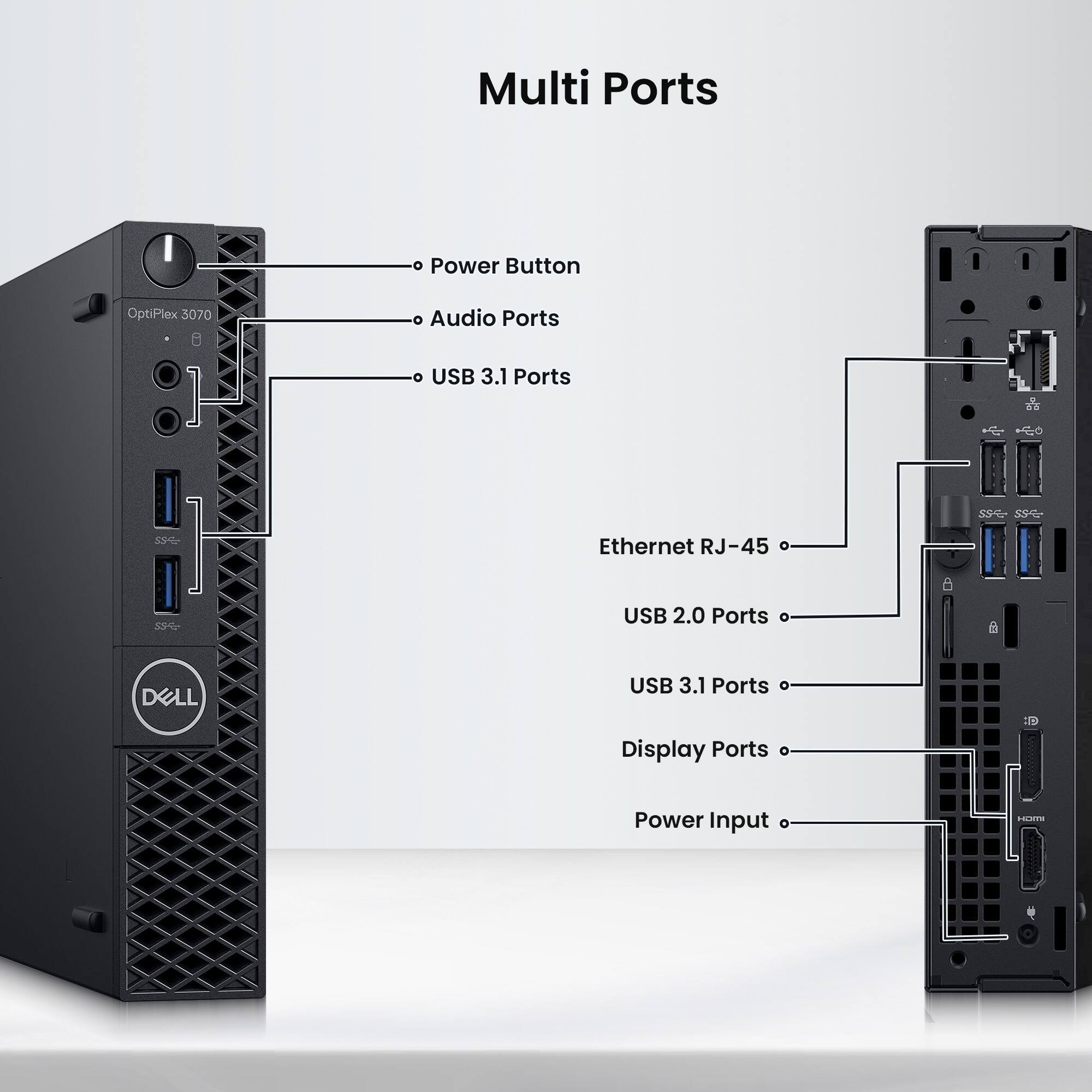 Multi Ports  
Power Button  
OptiPlex 5070  
Audio Ports  
USB 3.1 Ports  
Ethernet RJ-45  
USB 2.0 Ports  
DELL USB 3.1 Ports  
Display Ports  
Power Input