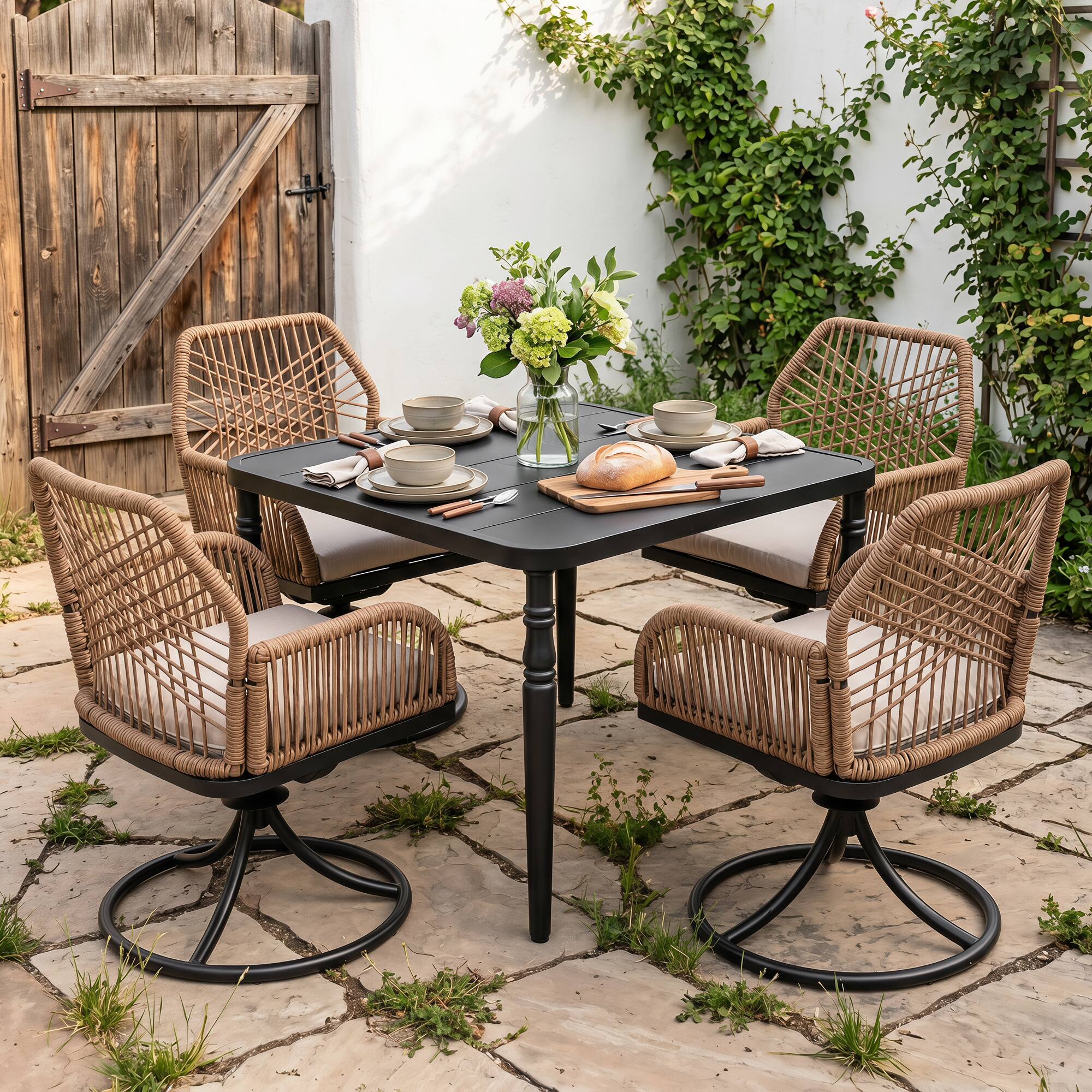 Angle. Nuu Garden - Outdoor 5PCS Dining Set, Twisted Rattan Swivel Chairs with Beige Cushions - Twisted Rattan.