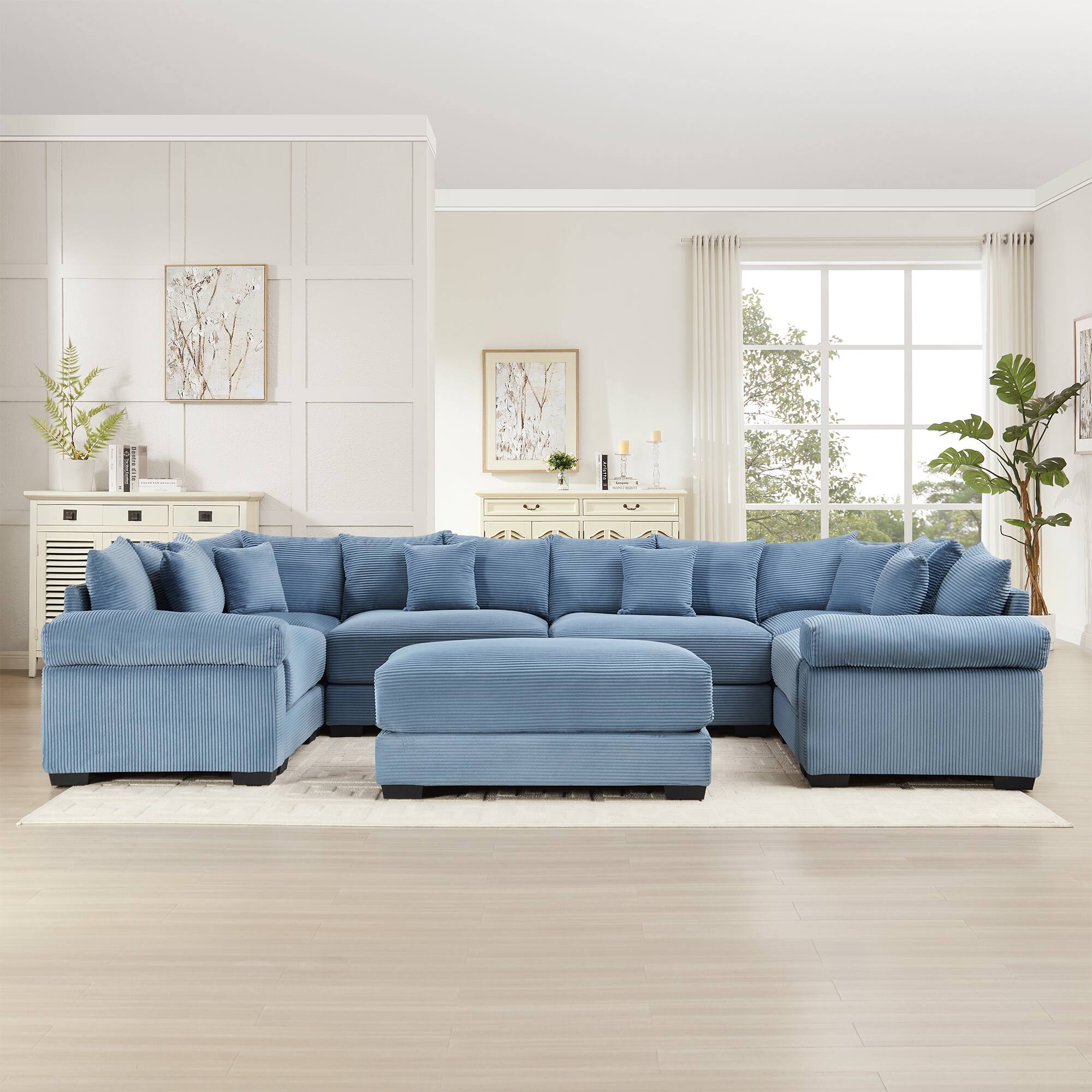 Left. LOVMOR - Corduroy Sectional Couch Modular Storage Ottoman Compressed Pack For Living Room Bedroom Den Soft Lounge TV XL - Blue.