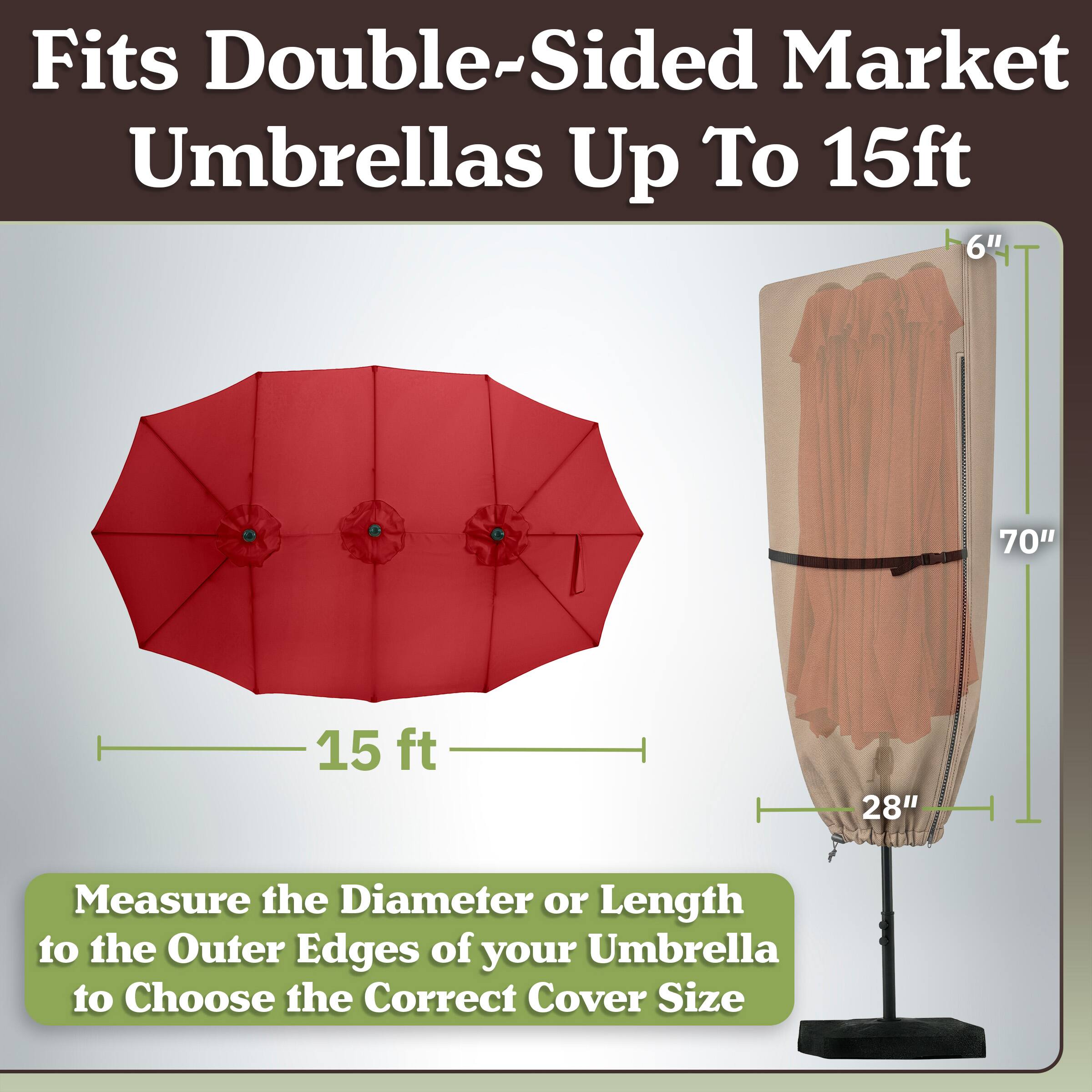Fits Double-Sided Market Umbrellas Up To 15ft

Measure the Diameter or Length to the Outer Edges of your Umbrella to Choose the Correct Cover Size