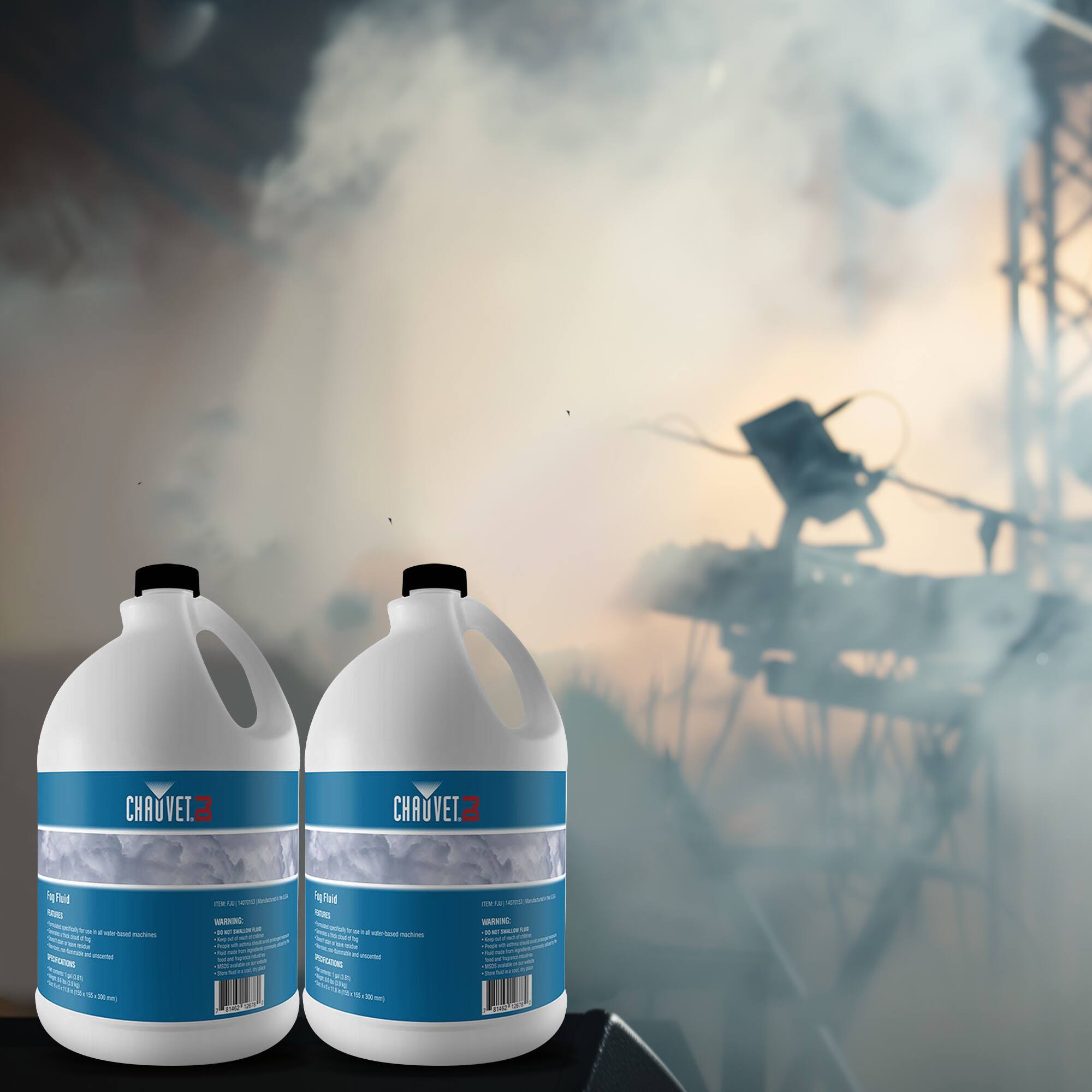 CHAUVEL  
Fog Fluid  
For use in fog machines  
Volume: 20 Litres (6.76 US Gal)  
Net Weight: 20 kg (44.09 lbs)  

WARNING:  
- Keep out of reach of children.  
- Do not ingest.  
- Avoid contact with eyes.  
- In case of contact with eyes, rinse immediately with plenty of water and seek medical attention.  
- Do not use if seal is broken.  

PRODUCED BY:  
CHAUVEL  
1000 Rue de la Gare, 69120 Vaulx-en-Velin, France  
www.chauvel.fr  

CHAUVEL  
Fog Fluid  
For use in fog machines  
Volume: 20 Litres (6.76 US Gal)  
Net Weight: 20 kg (44.09 lbs)  

WARNING:  
- Keep out of reach of children.  
- Do not ingest.  
- Avoid contact with eyes.  
- In case of contact with eyes, rinse immediately with plenty of water and seek medical attention.  
- Do not use if seal is broken.  

PRODUCED BY:  
CHAUVEL  
1