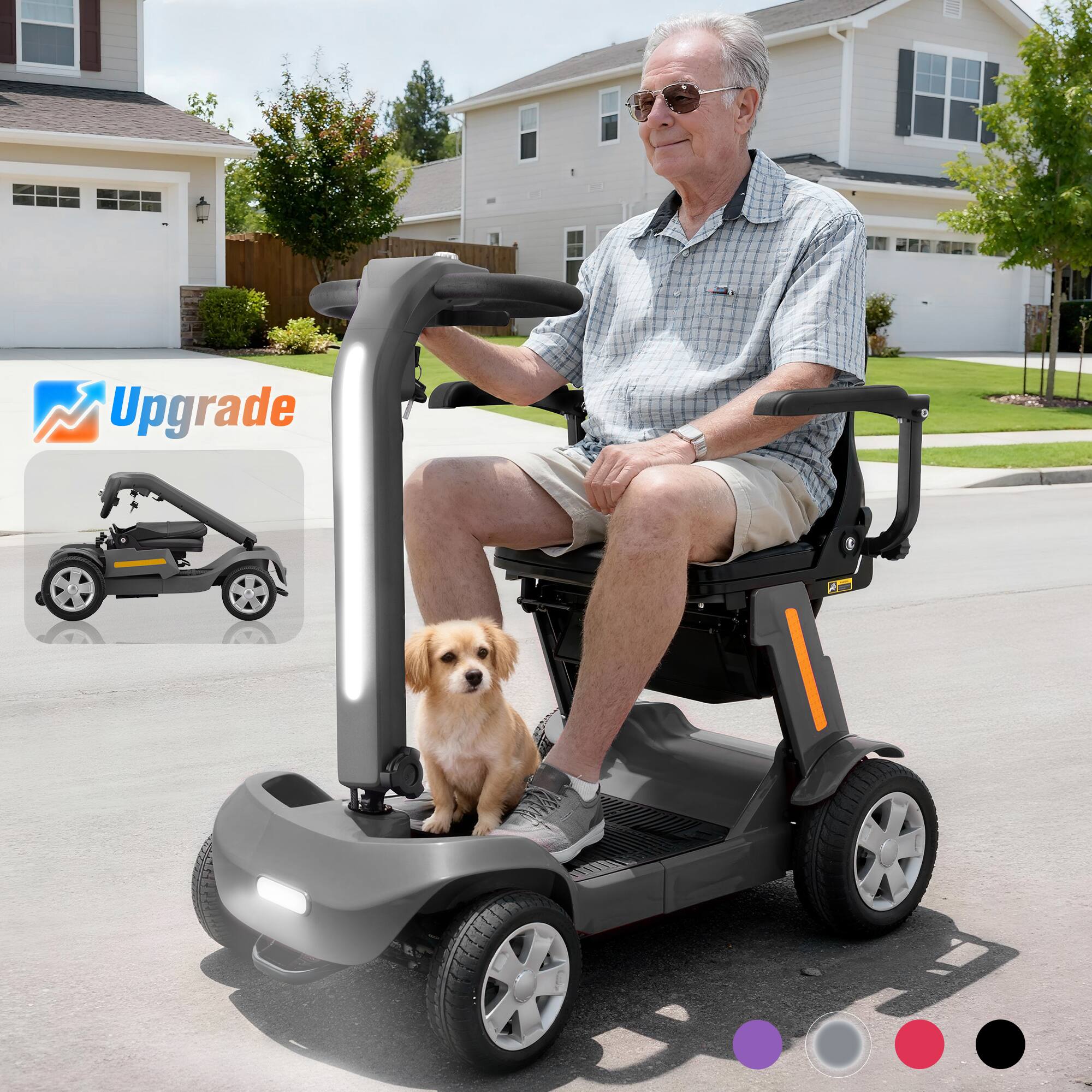 Angle. Hover Heart - 4-Wheel Foldable Mobility Scooter for Adults & Seniors, Lightweight Travel Scooter with LED Lights, Storage Bag, Charger - Gray.