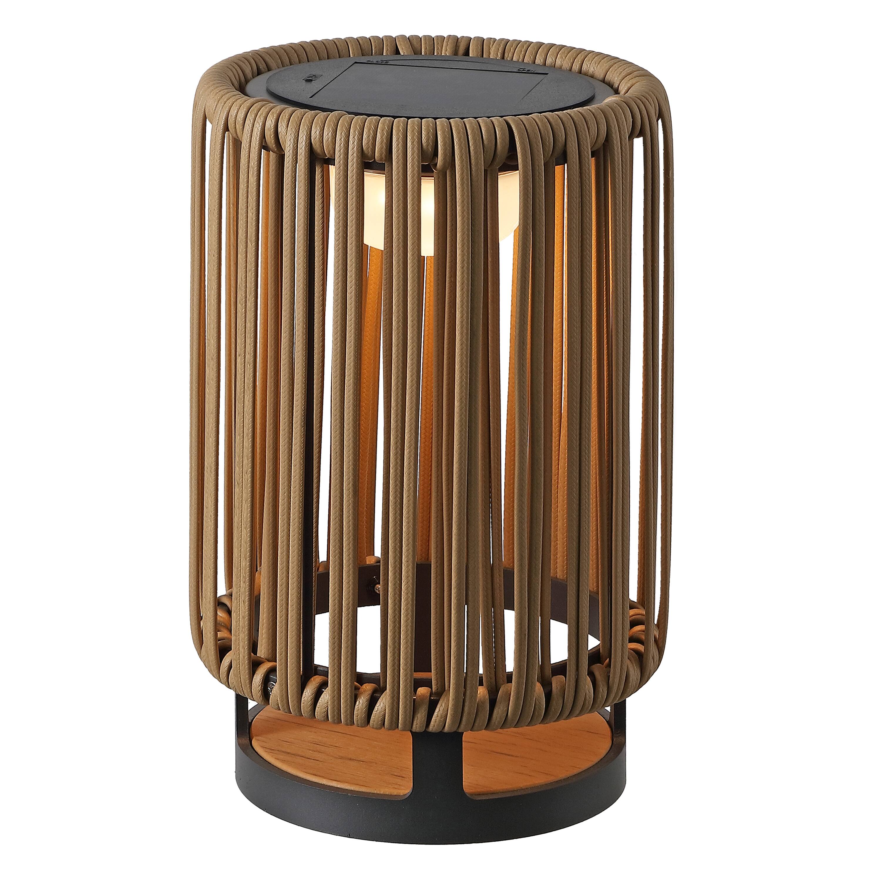 Front. Jonathan Y - Sawara 12.5" Modern Minimalist Faux Rattan Integrated Indoor/Outdoor LED Solar Powered Lantern, Natural - Natural.