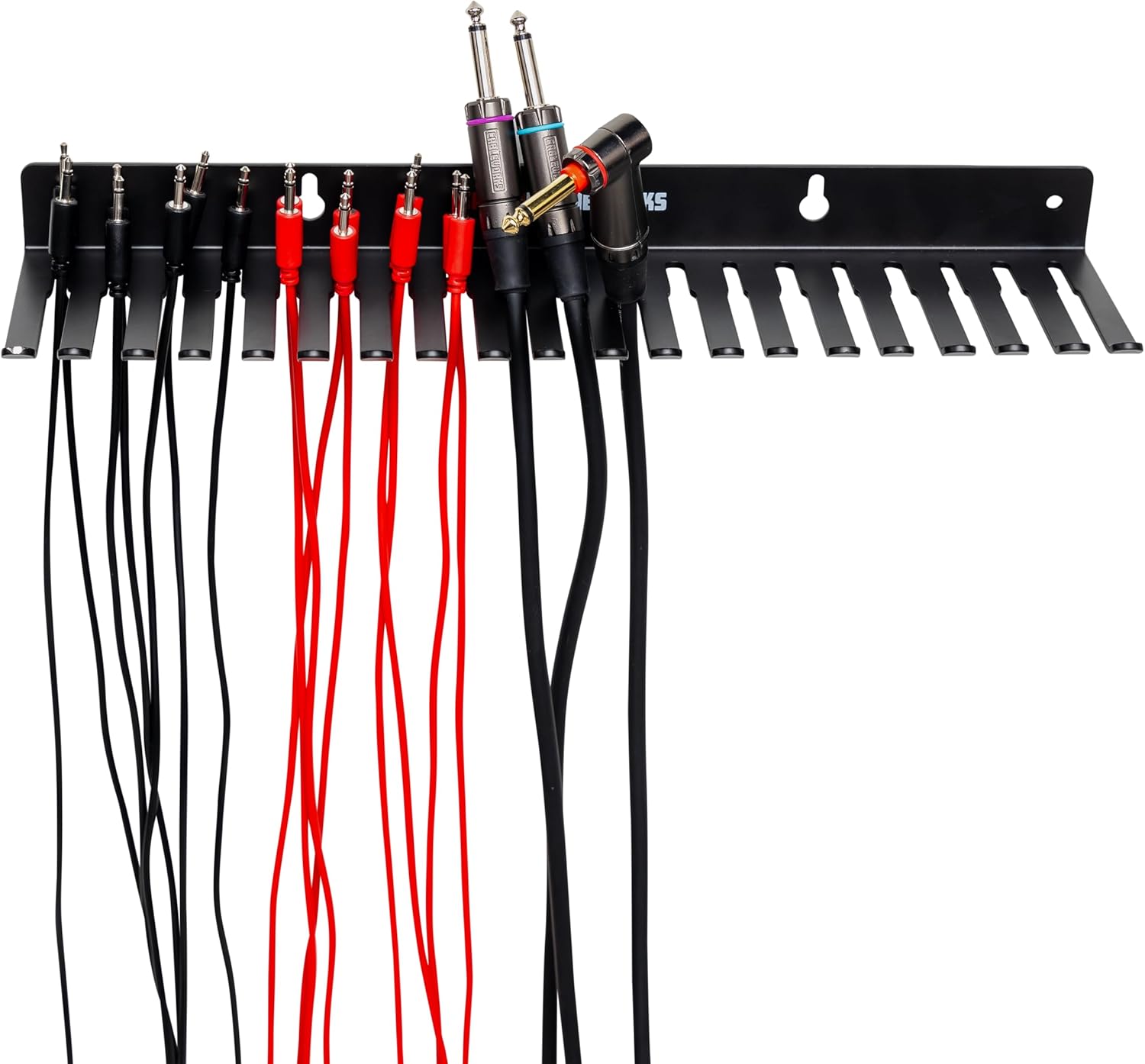 Back. Gator Frameworks - Wall Mountable Steel Cable Hanger and Organizer with 19 Alternating Slots.