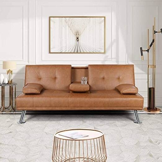 Angle. Hivvago - Brown Modern Faux Leather Cup Holders Convertible Sofa Bed Futon Sleeper - Orange.