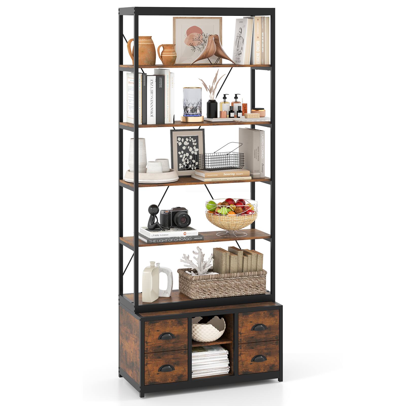 Gymax - 8-tier Bookshelf 79'' Freestanding Bookcase w/ 4 Fabric Drawers & Storage - Rustic Brown