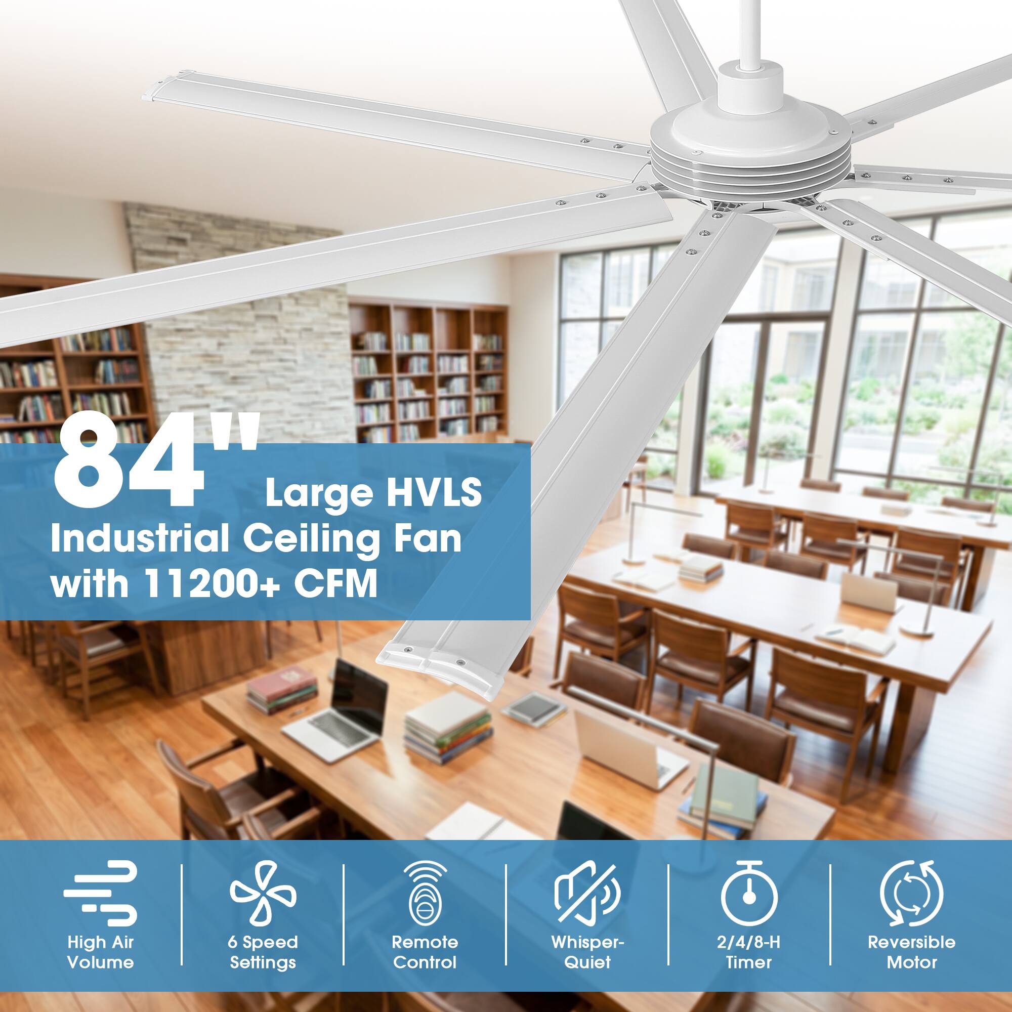 84" Large HVLS Industrial Ceiling Fan with 11200+ CFM  
High Air Volume  
6 Speed Settings  
Remote Control  
Whisper-Quiet  
2/4/8-H Timer  
Reversible Motor