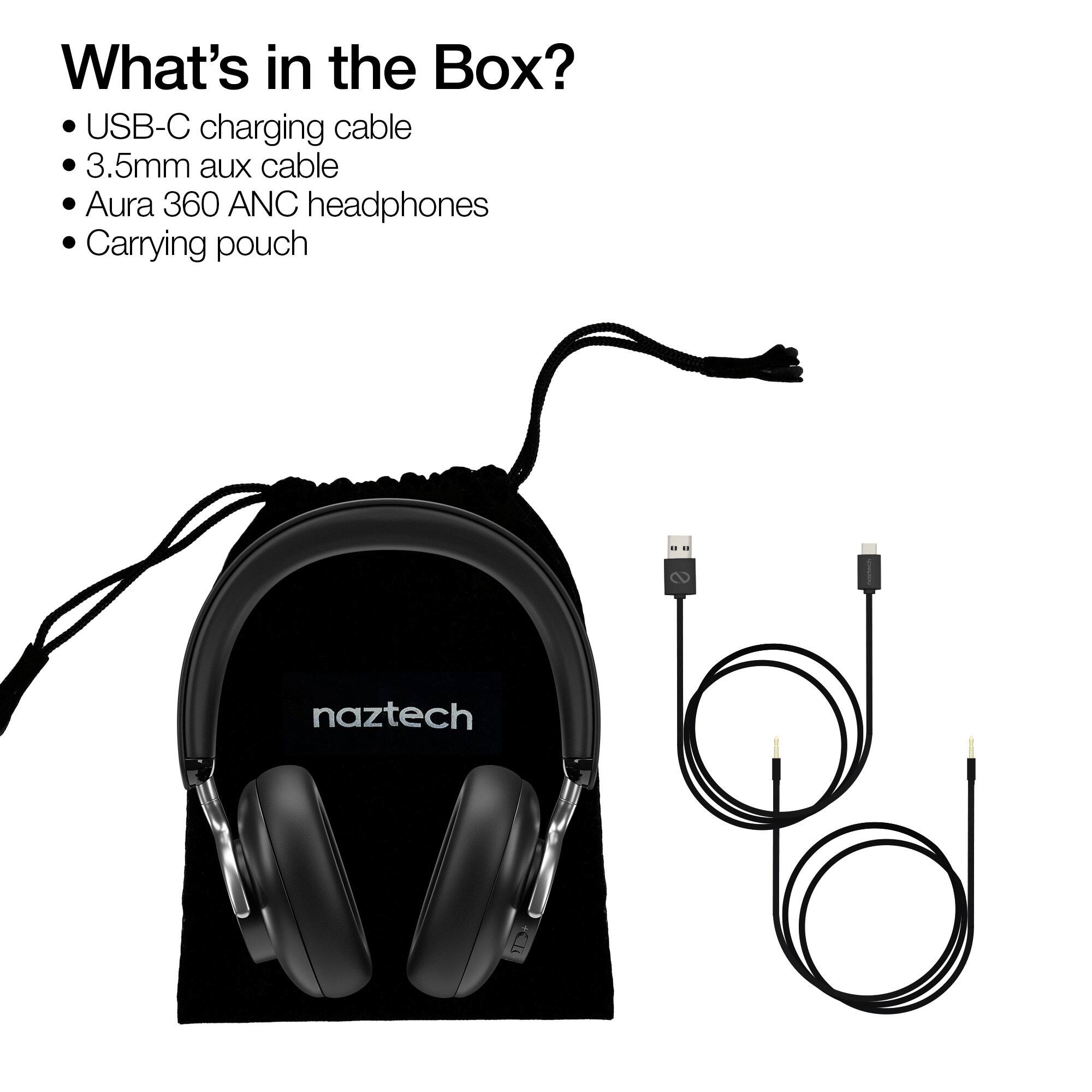 What's in the Box?

- USB-C charging cable
- 3.5mm aux cable
- Aura 360 ANC headphones
- Carrying pouch