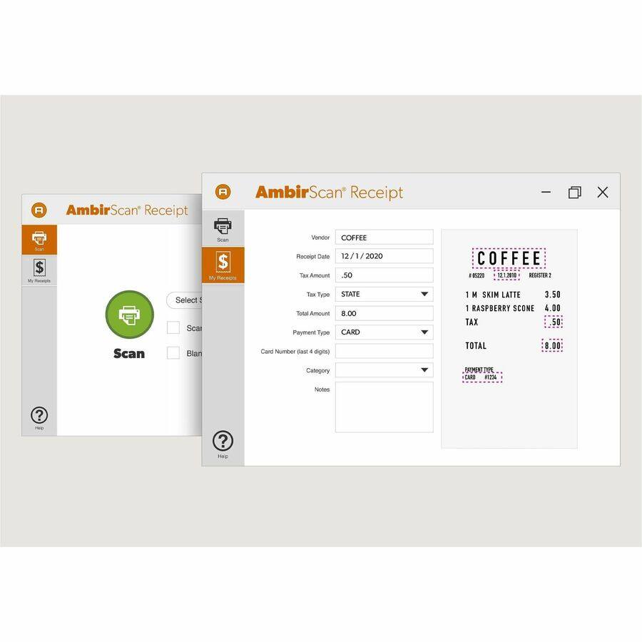 AmbirScan Receipt

Vendor: COFFEE
Date: 12/1/2020
Tax Amount: $0.50
Total Amount: $8.00

Payment Type: CARD
Card Number (last 4 digits): 1234

Category: PATMONT
Type: CIRO

Items:
- 1 M SKIM LATTE: $3.50
- 1 RASPBERRY SCONE: $4.00

Tax: $0.50
Total: $8.00

Notes: ?