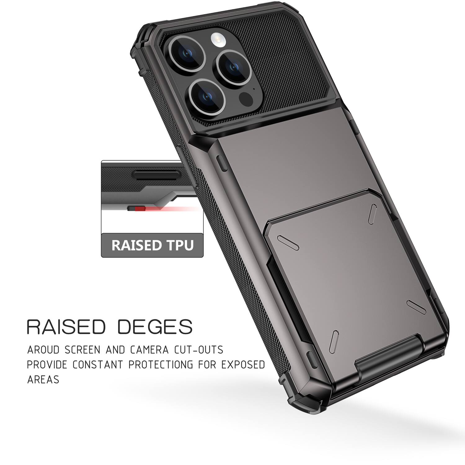 RAISED TPU  
RAISED DEGES  
AROUND SCREEN AND CAMERA CUT-OUTS  
PROVIDE CONSTANT PROTECTION FOR EXPOSED AREAS