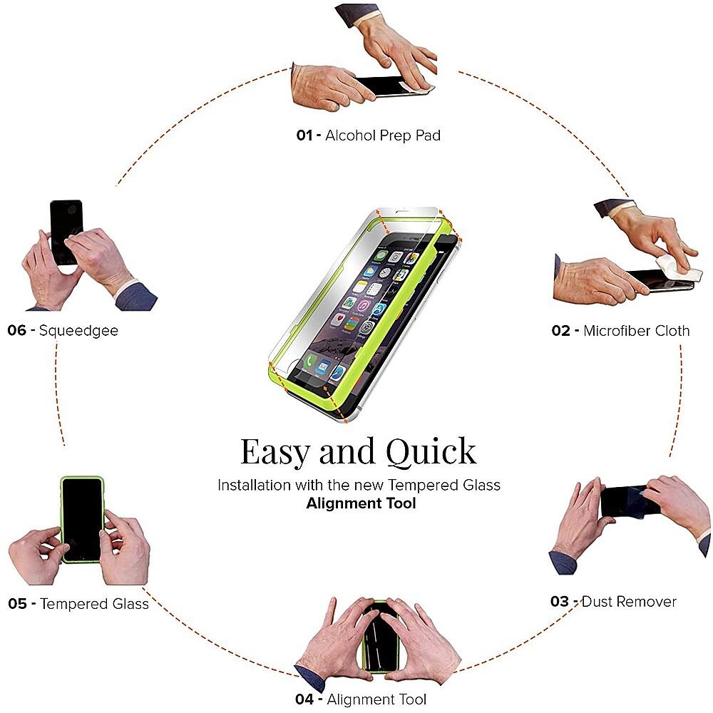 The image features a circular diagram with various steps for installing a new tempered glass screen protector on a smartphone. The steps are labeled with numbers, and the process includes using an alcohol prep pad, a squeegee, a microfiber cloth, and a dust remover. The installation process is described as "Easy and Quick" with the help of the new alignment tool.