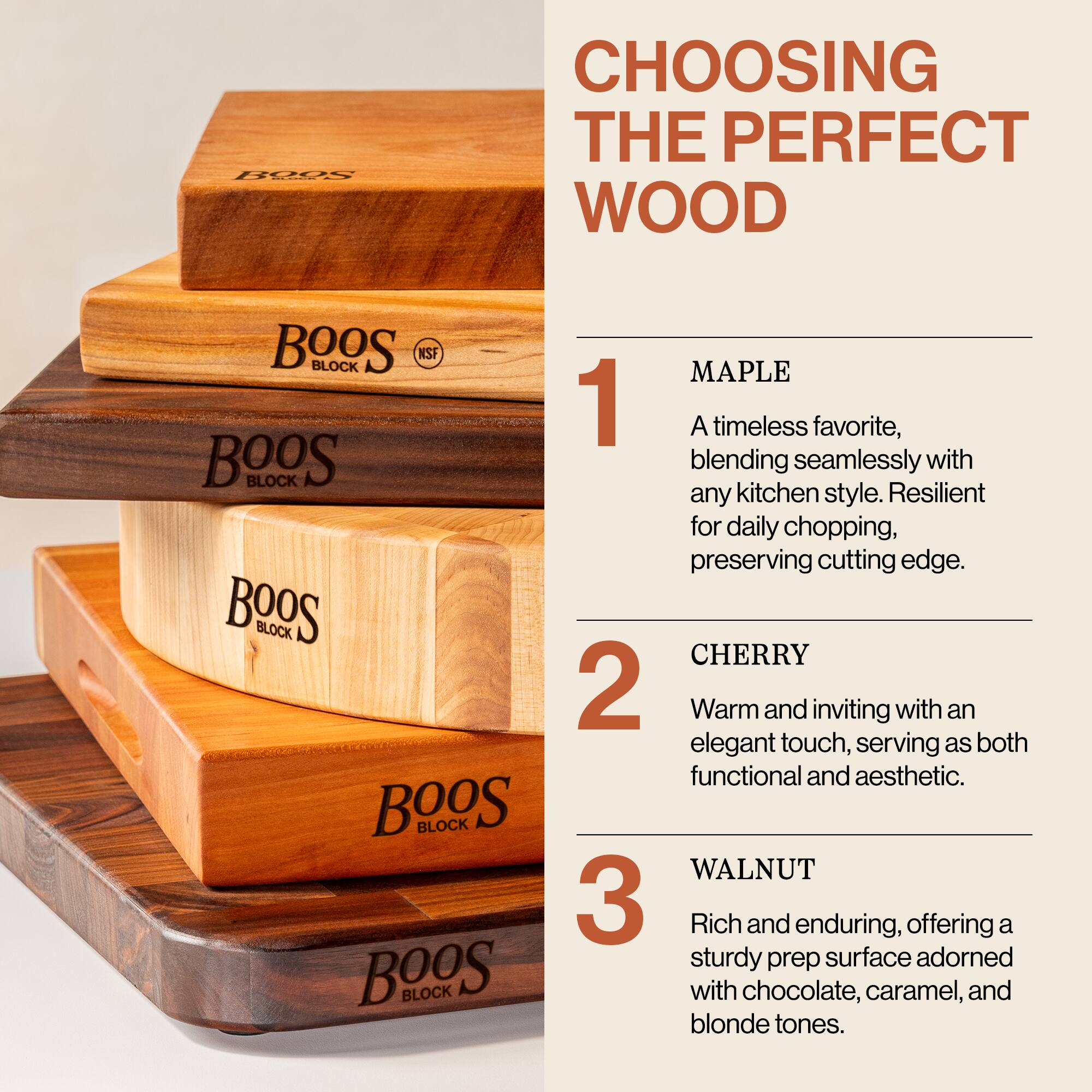 **CHOOSING THE PERFECT WOOD**

1. **MAPLE**  
   A timeless favorite, blending seamlessly with any kitchen style. Resilient for daily chopping, preserving cutting edge.

2. **CHERRY**  
   Warm and inviting with an elegant touch, serving as both functional and aesthetic.

3. **WALNUT**  
   Rich and enduring, offering a sturdy prep surface adorned with chocolate, caramel, and blonde tones.