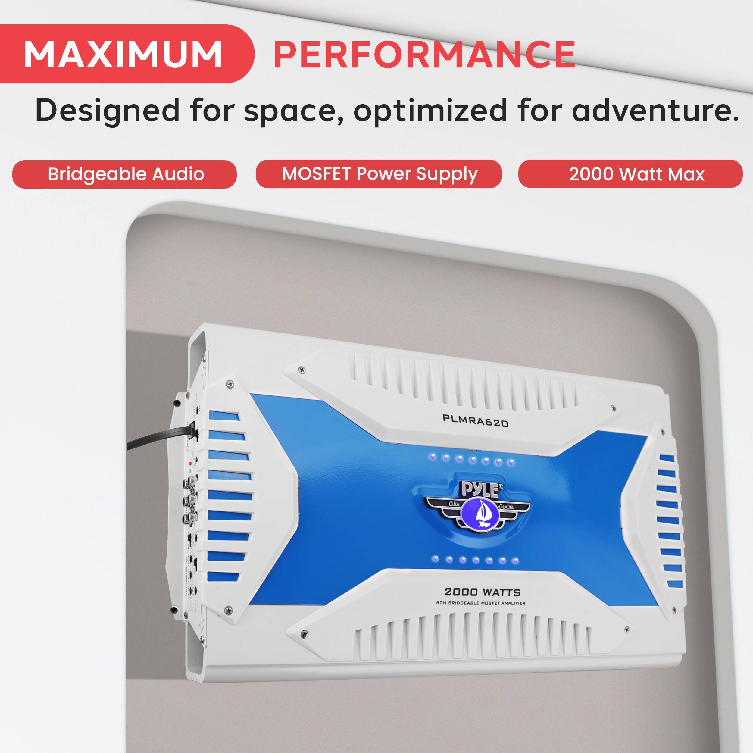 MAXIMUM PERFORMANCE  
Designed for space, optimized for adventure.  
Bridgeable Audio  
MOSFET Power Supply  
2000 Watt Max  

Y PLMRA620  
PYLE  
2000 WATTS
