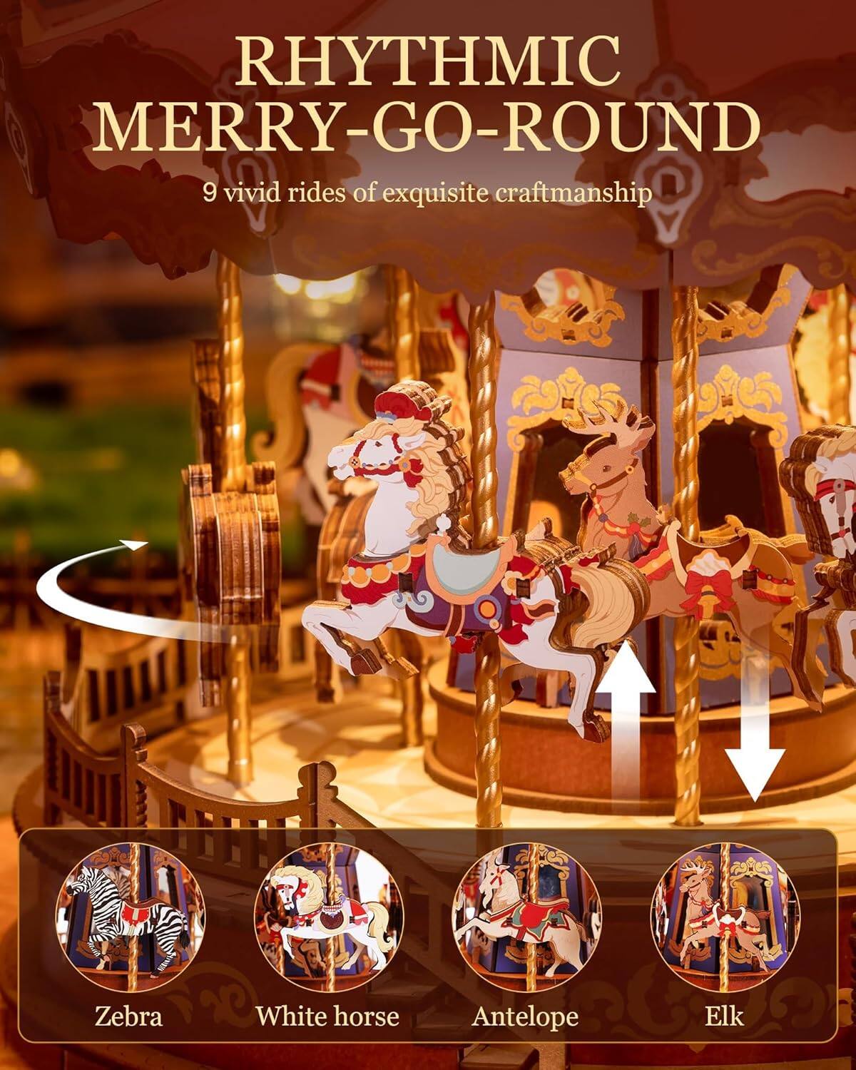 RHYTHMIC MERRY-GO-ROUND  
9 vivid rides of exquisite craftsmanship  

Zebra  
White horse  
Antelope  
Elk