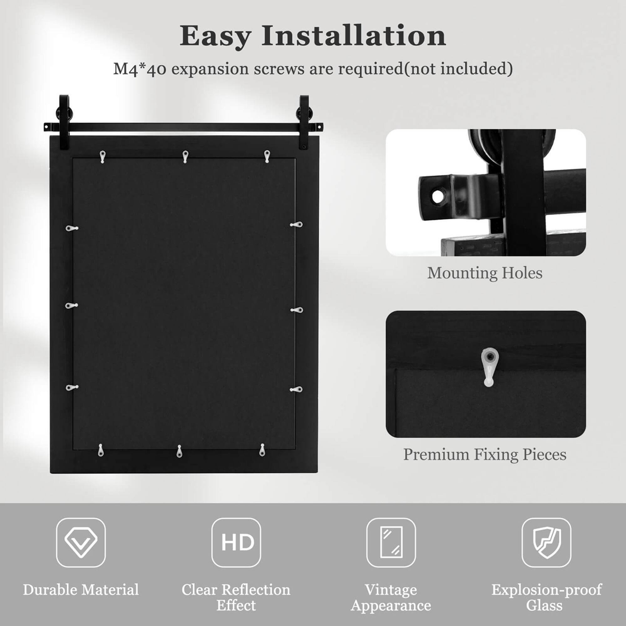 Easy Installation  
M4*40 expansion screws are required (not included)  

Mounting Holes  

Premium Fixing Pieces  

Durable Material  
Clear Reflection Effect  
Vintage Appearance  
Explosion-proof Glass