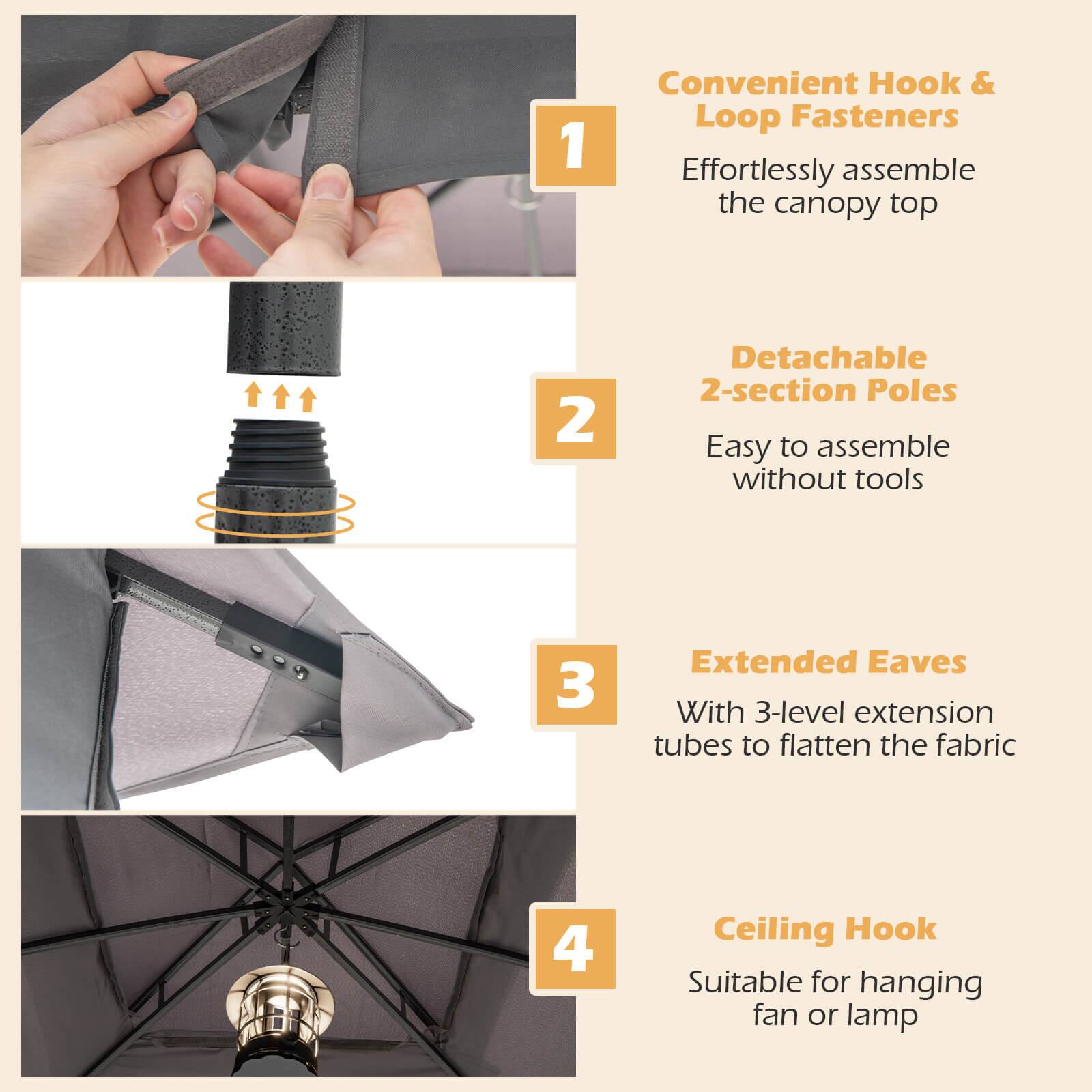 1. Convenient Hook & Loop Fasteners  
   Effortlessly assemble the canopy top

2. Detachable 2-section Poles  
   Easy to assemble without tools

3. Extended Eaves  
   With 3-level extension tubes to flatten the fabric

4. Ceiling Hook  
   Suitable for hanging fan or lamp